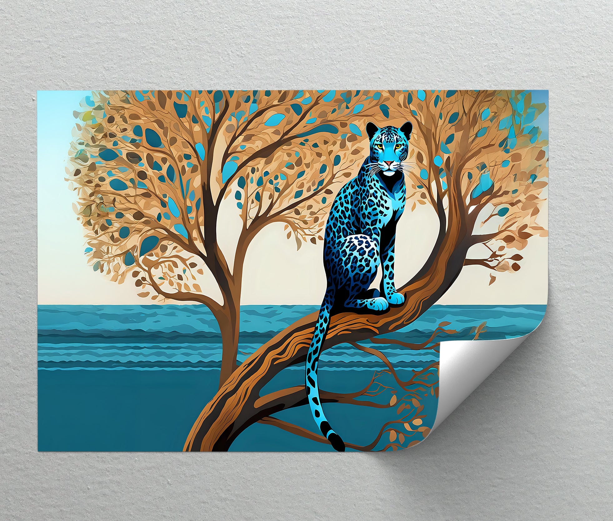 Blue Leopard in Tranquil Tree - Modern Jungle Animal Canvas Wall Art Print for Living Room, Bedroom & Office Decor