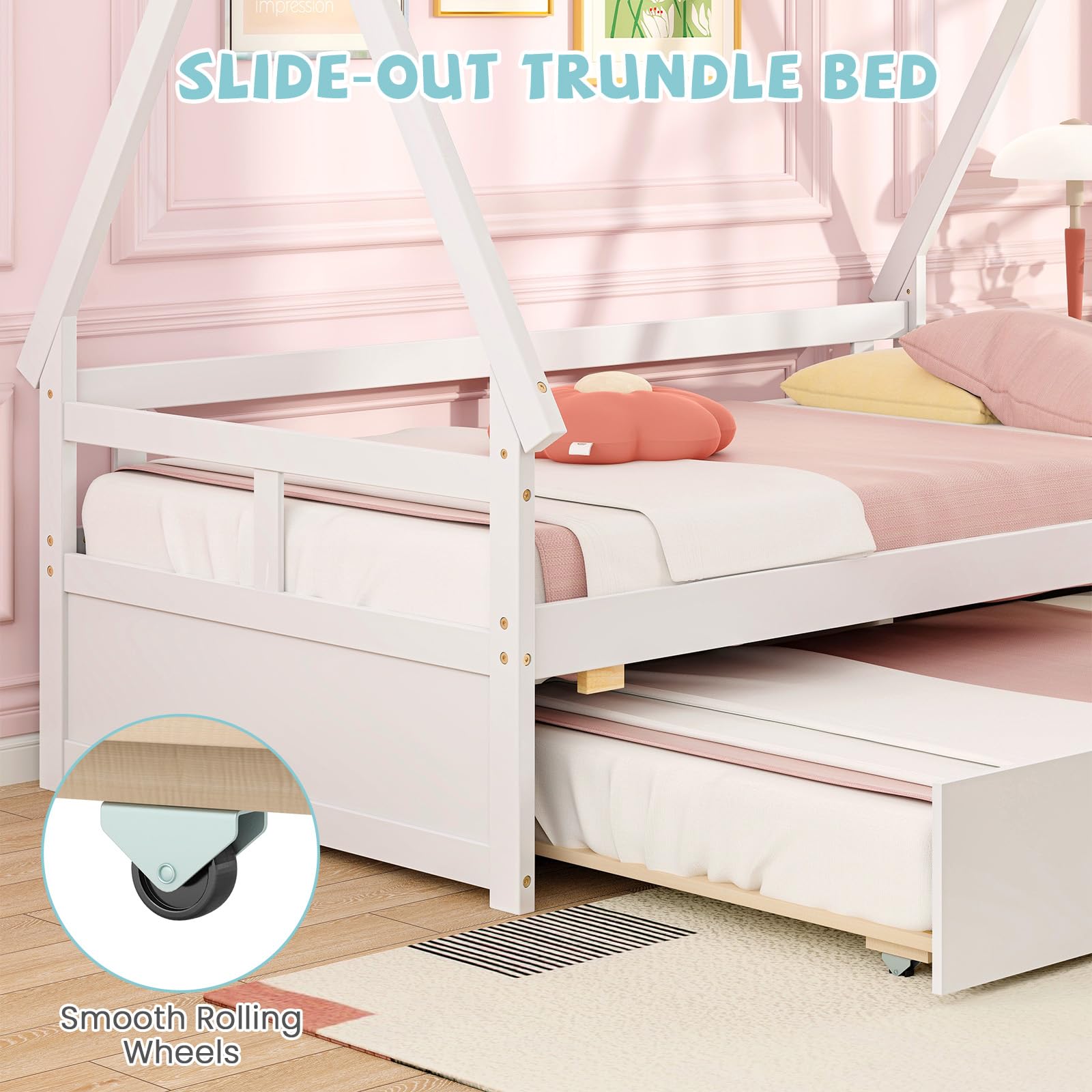 Giantex Twin House Bed with Trundle - Solid Wood Montessori Tent Bed Frame with Safety Guardrail, Low Teepee Bed for Kids & Teens - No Box Spring Needed - Perfect for Bedrooms, Playrooms & Montessori Classrooms (White)