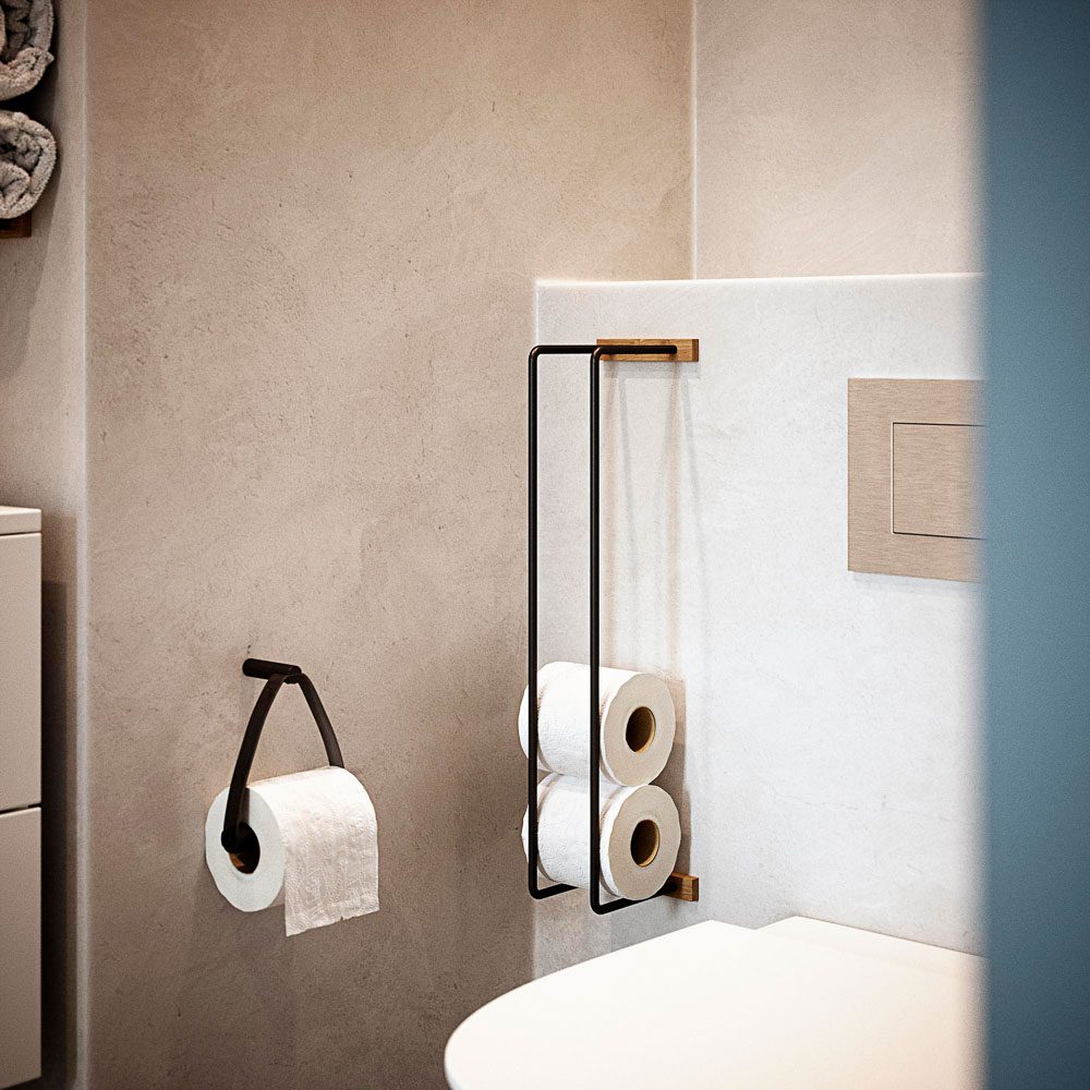 EKTA LIVING Bathroom Hand Towel Holder & Toilet Paper Roll Stand - Black Oak & Black Metal - Perfect for Modern Bathrooms & Powder Rooms