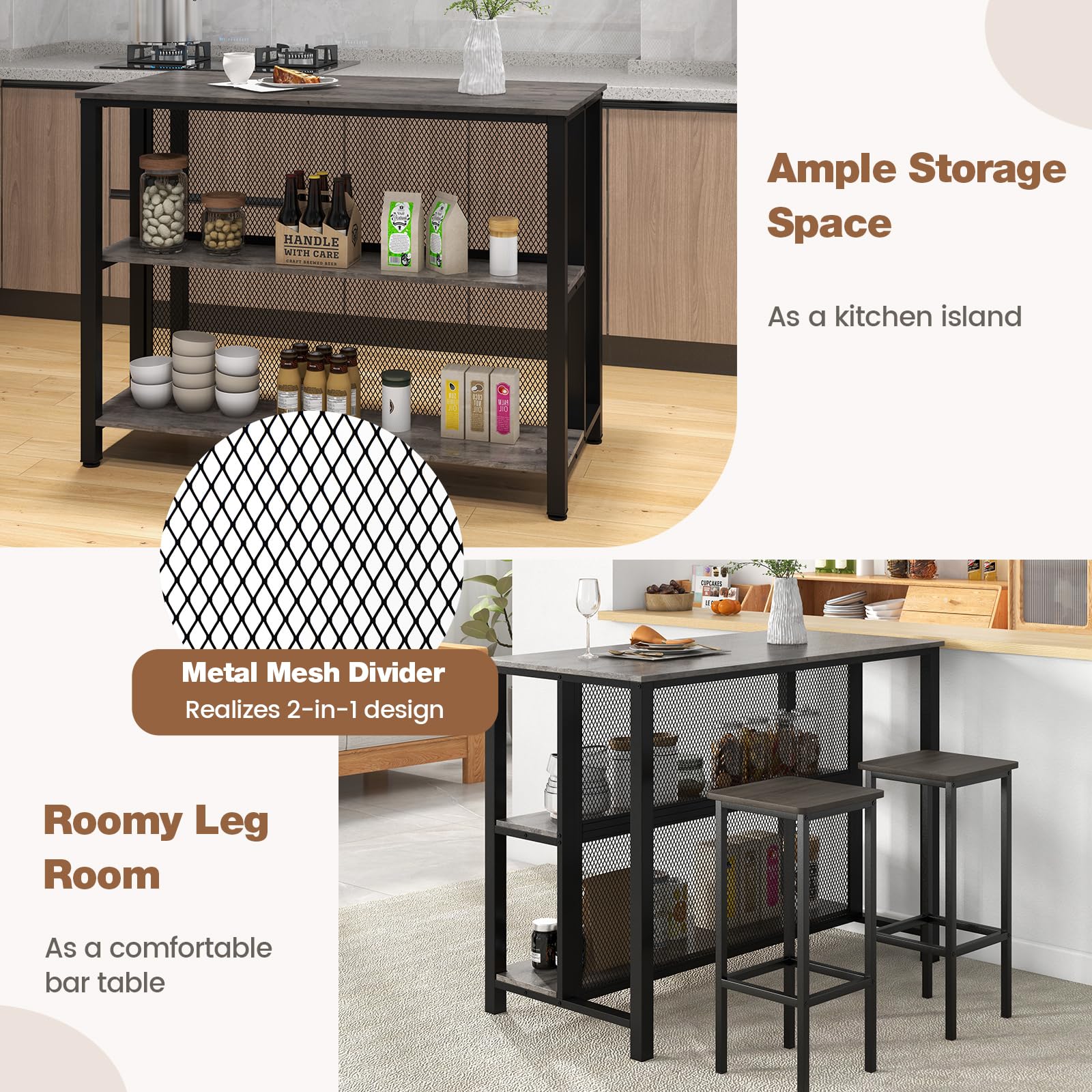 COSTWAY 3-Tier Home Bar Table with Storage Shelves | Metal Frame Bar Cabinet with Adjustable Foot Pads | Kitchen Island, Dining Room & Breakfast Corner Bar Unit (Grey) | Perfect for Small Space Entertaining & Compact Home Bars