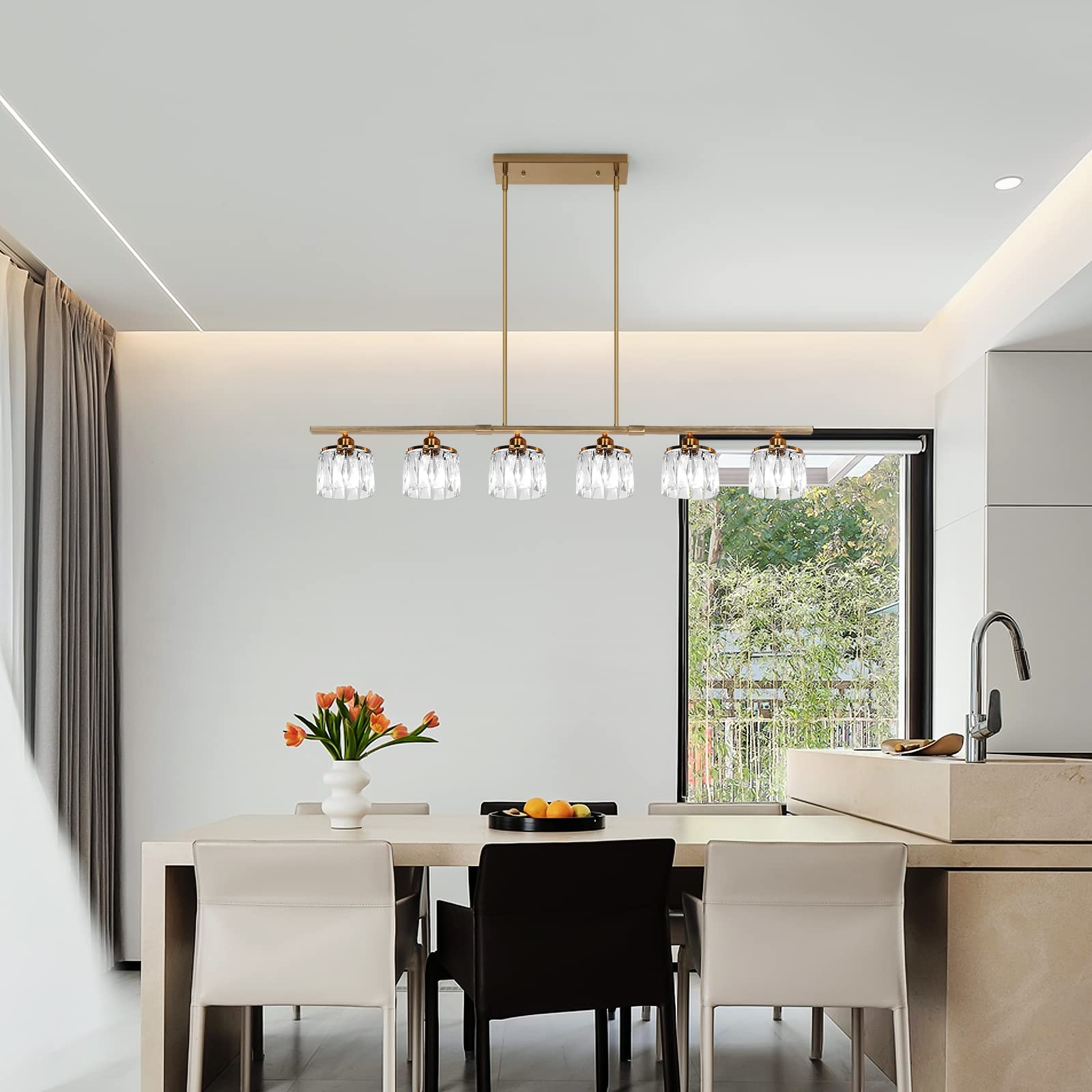 Modern Adjustable Brass Chandelier with Crystal Shade - 6-Light Linear Ceiling Pendant for Dining Room & Kitchen (48