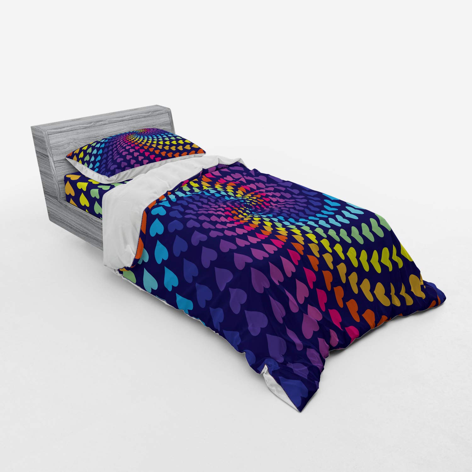 Ambesonne Rainbow Hearts Duvet Cover Set - 3 Piece Twin Size Bedding with Sham & Fitted Sheet, Retro Psychedelic Design for Romantic Bedroom Decor | Perfect for Teens, Guest Rooms & Bohemian Style Homes