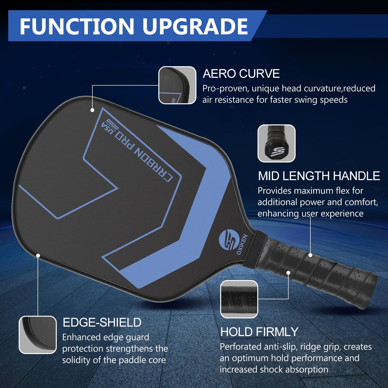 OXIKEN 10/13/16 mm USAPA Approved Pickleball Paddles - T700 Carbon Fiber Surface, Honeycomb Core, High Grit for Maximum Spin, 5.5