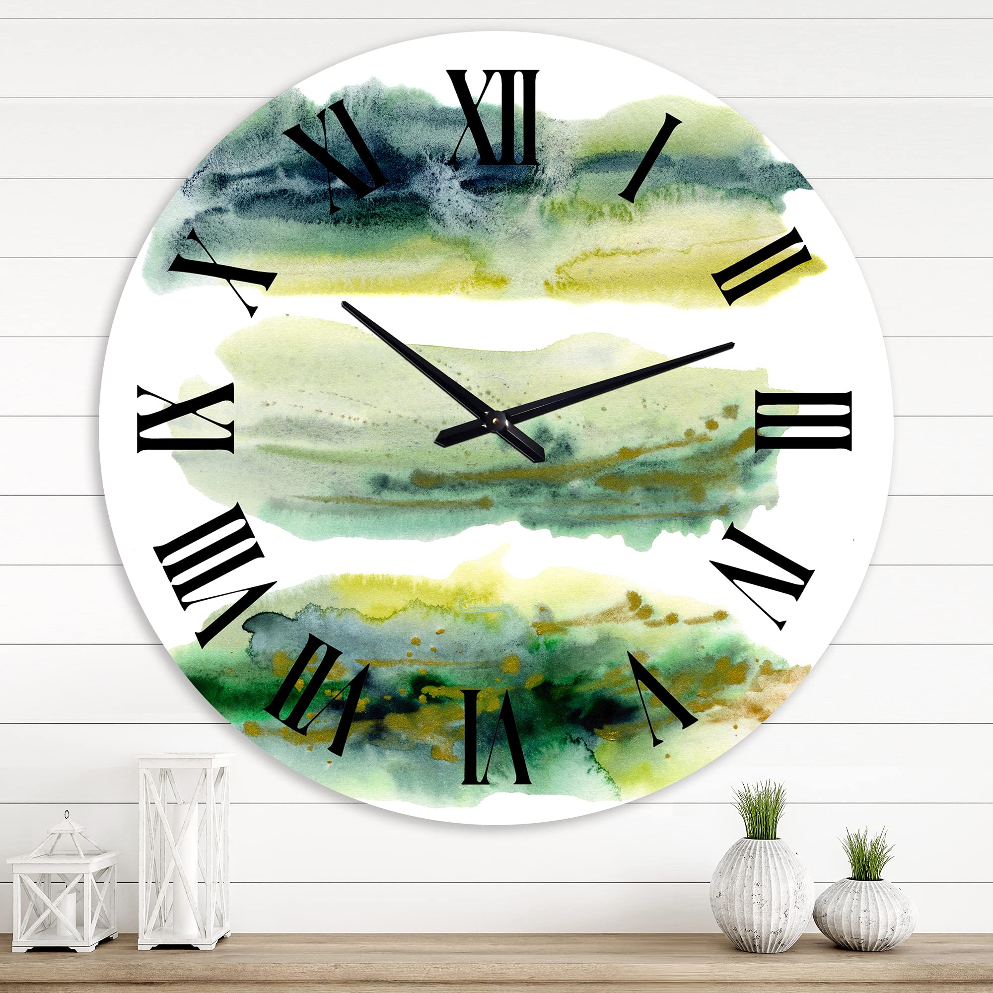 Golden Green Abstract Clouds with Blue Points Modern Wall Clock - Large Fractal Design for Kitchen, Living Room & Office Decor - Perfect for Home & Workspace