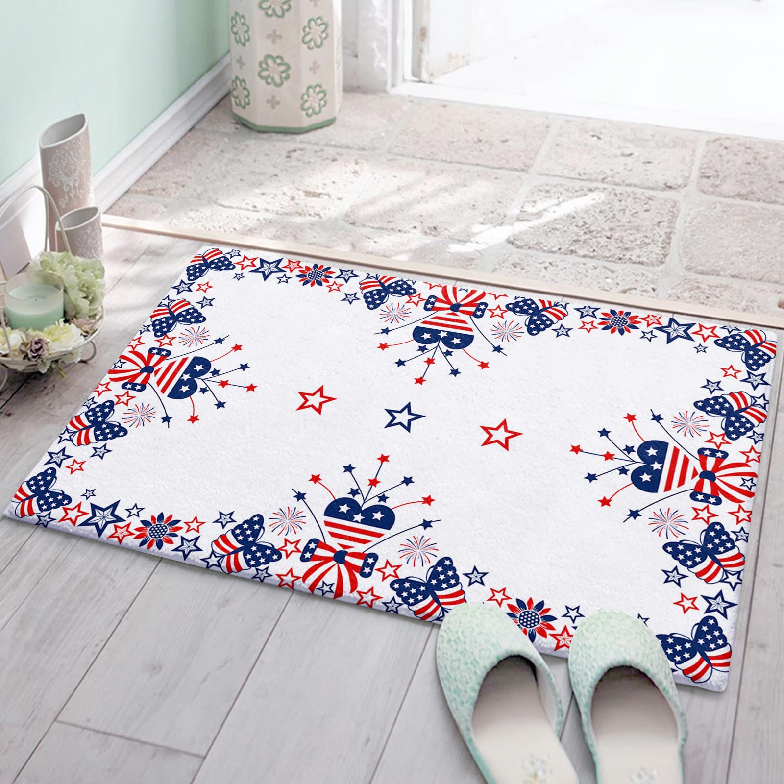 Super Soft Shaggy Bath Rugs - Fluffy Plush Doormat with American Flag & Patriotic Stars Design, 16x24 Inch, Absorbent & Non-Slip Floor Mat for Bathroom, Kitchen, Bedroom - Washable Indoor Carpet for Home Decor on Independence Day & Everyday Use
