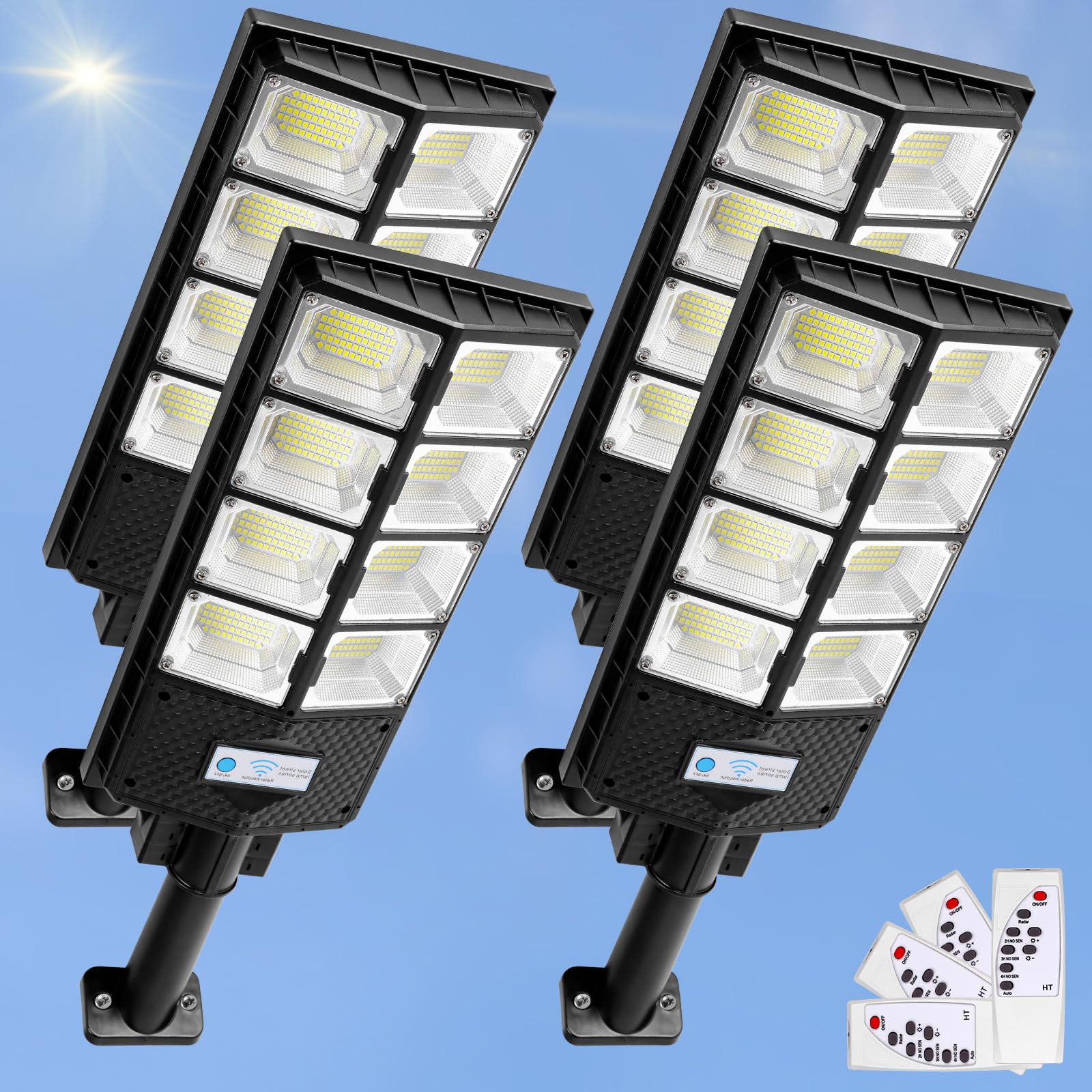 ZJOJO 4-Pack Solar Street Lights Outdoor Waterproof - 6500K 10000LM 448 LEDs Solar Parking Lot Lights with Motion Sensor & Remote Control | Dusk to Dawn Security Lighting for Driveway, Yard, Garden, Pathway & Backyard