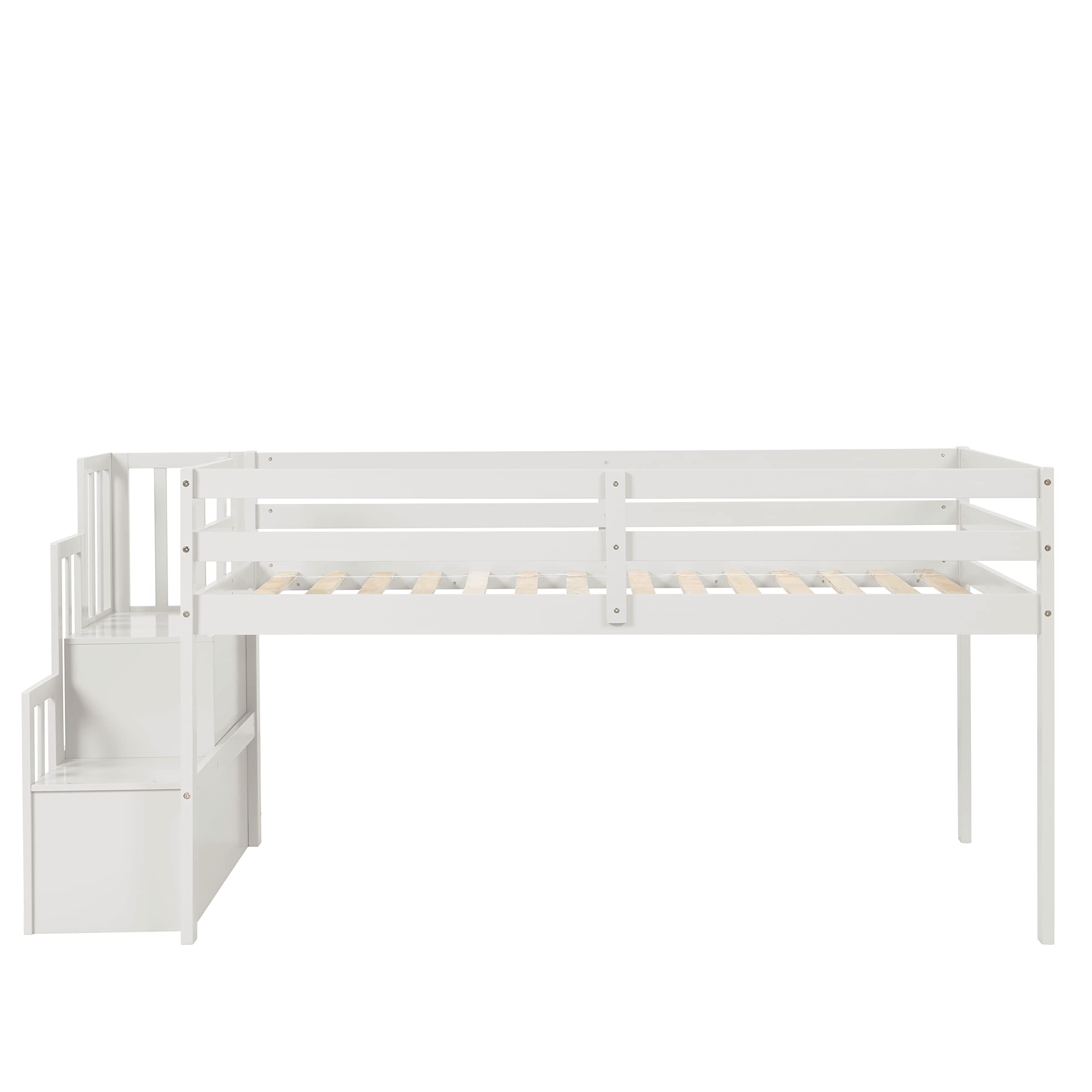 Harper & Bright Designs Low Loft Bed with Storage Staircase - Twin Size Wood Loft Bed Frame with Shelves & Safety Guardrails for Kids, Teens & Toddlers - No Box Spring Needed (White) - Perfect for Small Bedrooms, Dorms & Kids' Rooms with Limited Space