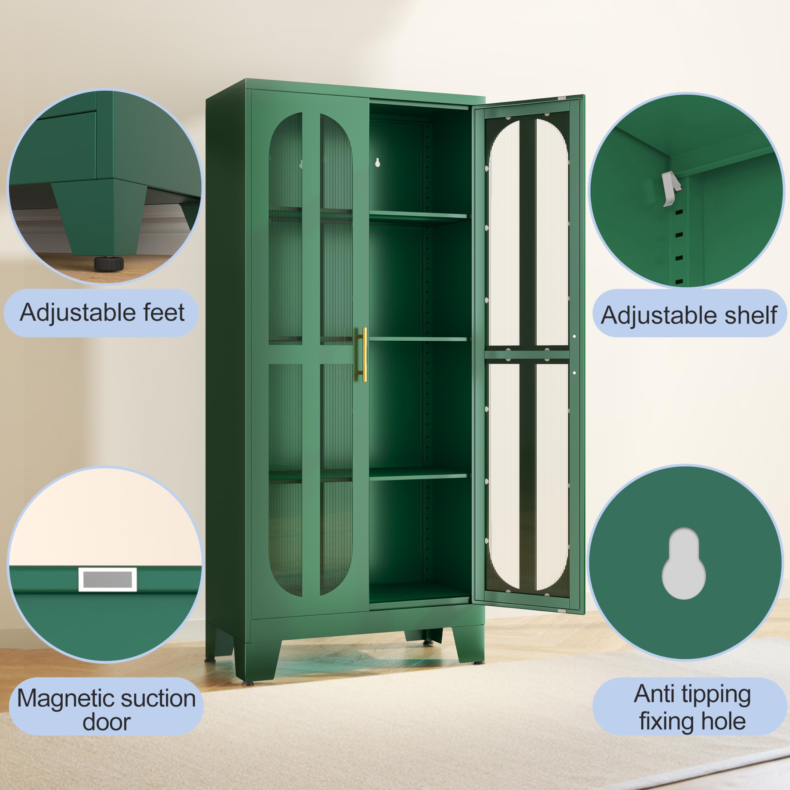 Stainless Steel Pantry Cabinet with Acrylic Glass Doors & Adjustable Shelves - 61 Inch Tall Kitchen Storage Organizer for Food, Dishes & Supplies - Perfect for Modern Kitchens, Dining Rooms & Laundry Areas