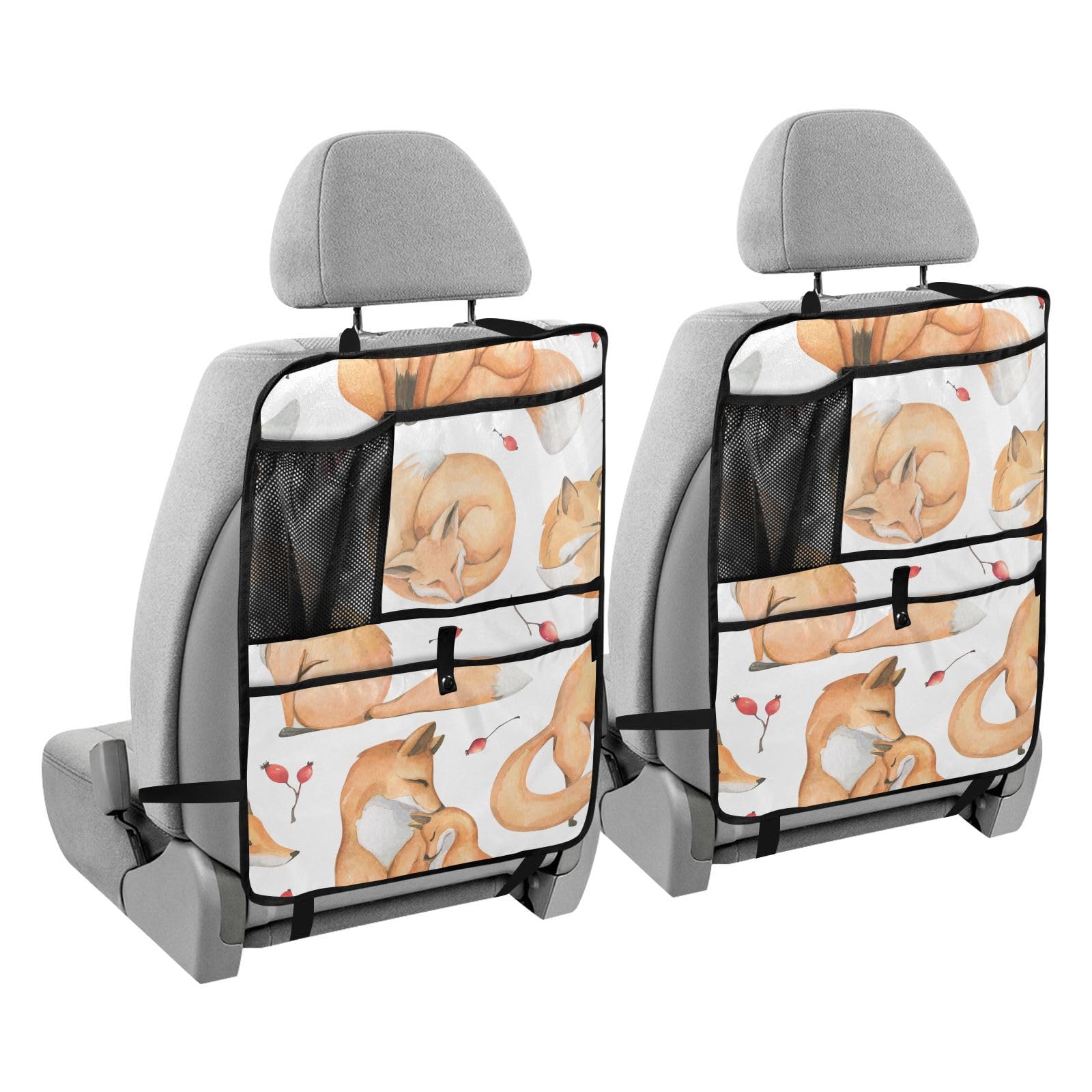 **Aflyko Cute Fox & Red Leaf Car Seat Back Organizer with Pockets - Kick Mat & Backseat Protector for Travel, 1 Pack - Perfect for Road Trips & Family Car Rides**