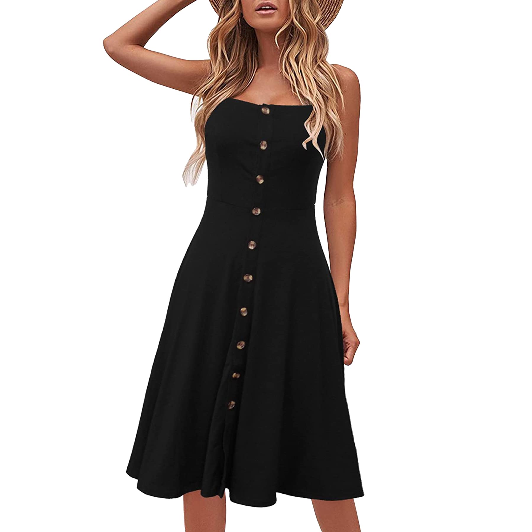 HDN Women's Summer Cotton Spaghetti Strap Button-Up Midi Sun Dress - A-Line Flowy Skirt for Beach, Vacation & Casual Outings