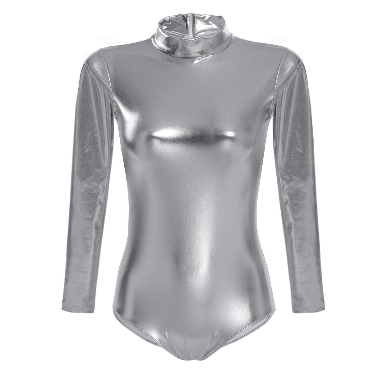 IBTOM CASTLE Women's Dance Ballet Leotards - Long Sleeve Metallic Shiny Leather Turtleneck Gymnastics Bodysuits - Perfect for Ballet, Contemporary Dance, Yoga & Performance
