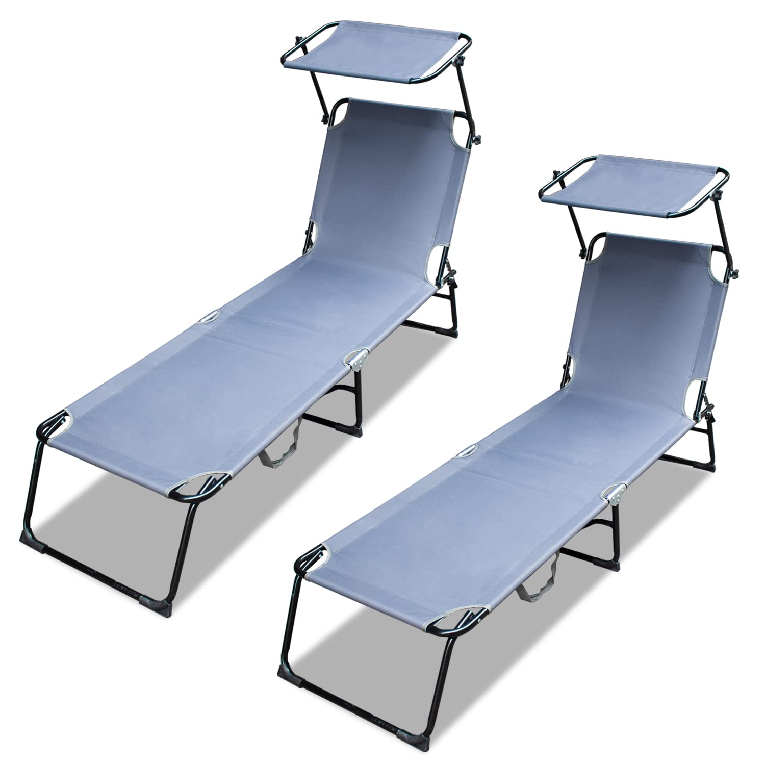 Kirumie 2-Pack Foldable Chaise Lounge Chairs with Adjustable Canopy & Carry Handle - Portable Reclining Sun Lounger with 4-Position Backrest for Beach, Poolside, Garden & Outdoor Relaxation (Gray)