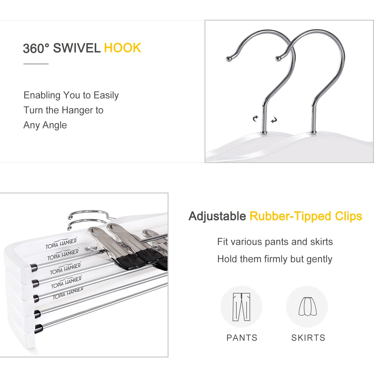 Top 10 Pack Wooden Pants Hangers with Anti-Rust Hooks & Adjustable Metal Clips - Natural Slim Skirt Hangers for Pants, Slacks, Dresses - Space Saving Closet Organization for Home & Retail Stores