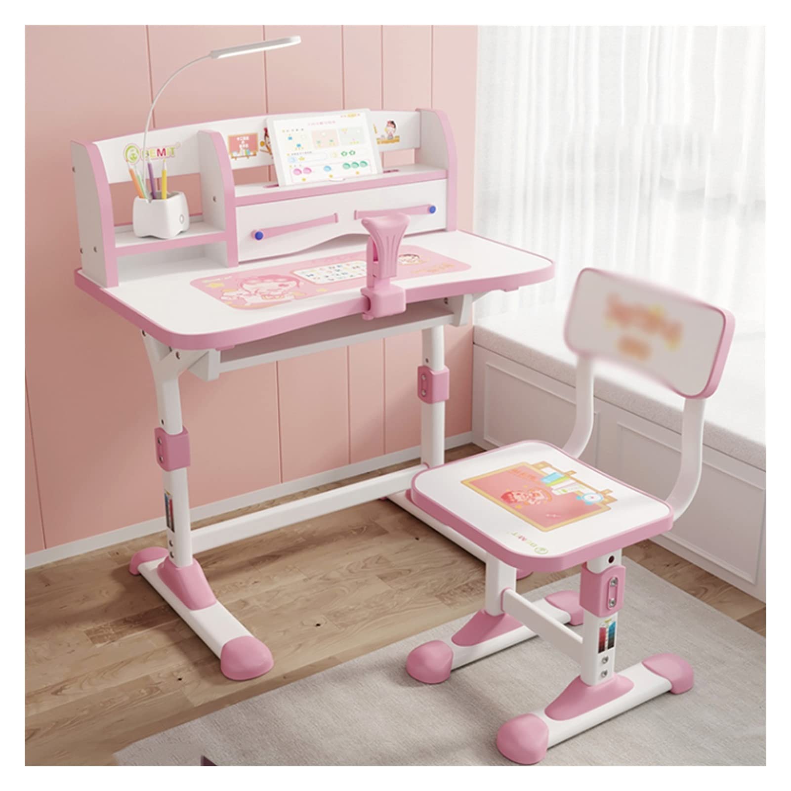 Adjustable Kids Study Desk and Chair Set - Ergonomic Liftable Children's Writing Table for Elementary School, Home Learning & Homework (Pink) | Perfect for Small Spaces, Bedrooms & Homeschooling