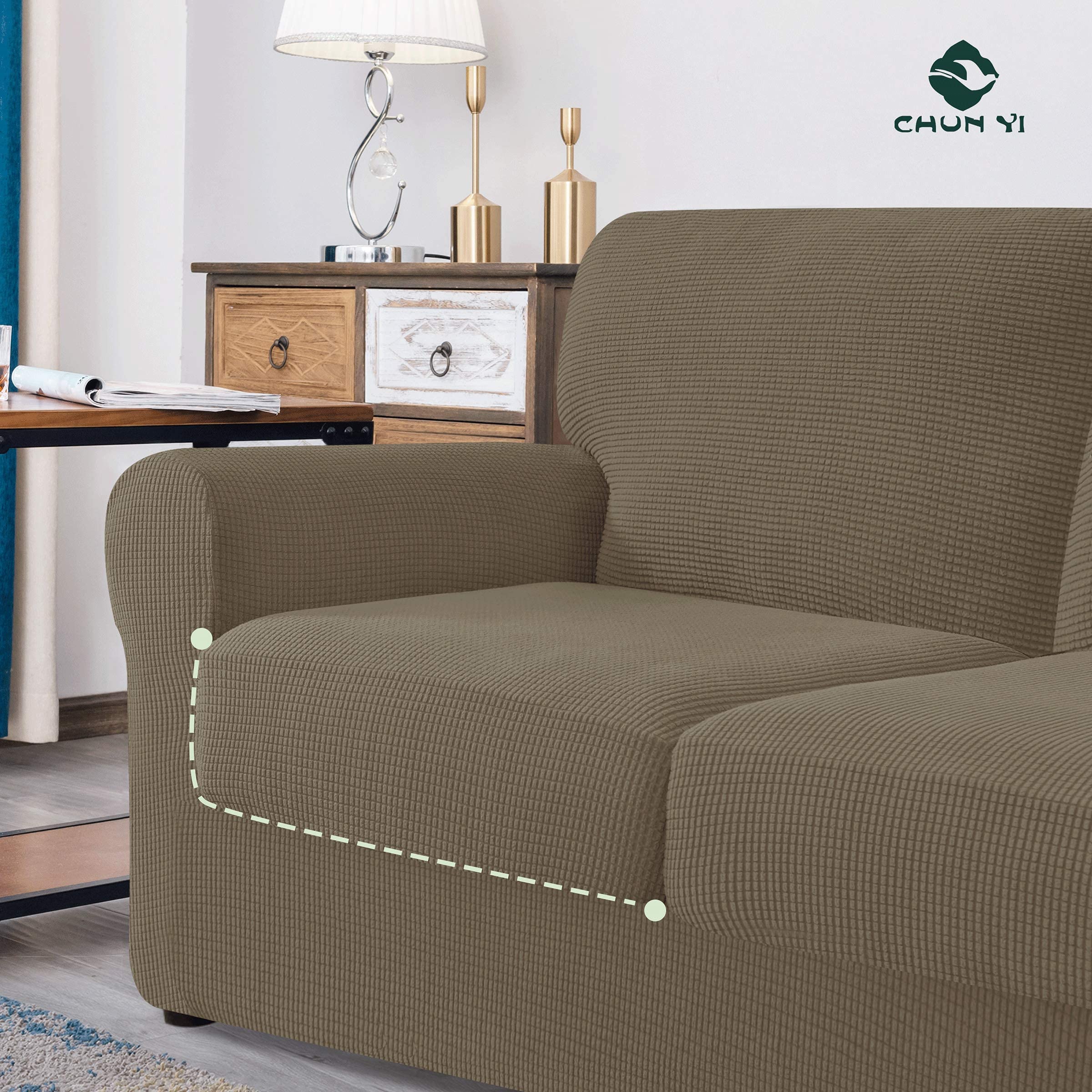 CHUN YI Loveseat Sofa Cover Set - Stretchable Jacquard Fabric Couch Slipcover with Detachable Backrest & Seat Cushions (Sand Checkered) - Perfect for Living Room, Bedroom, and Home Decor Protection