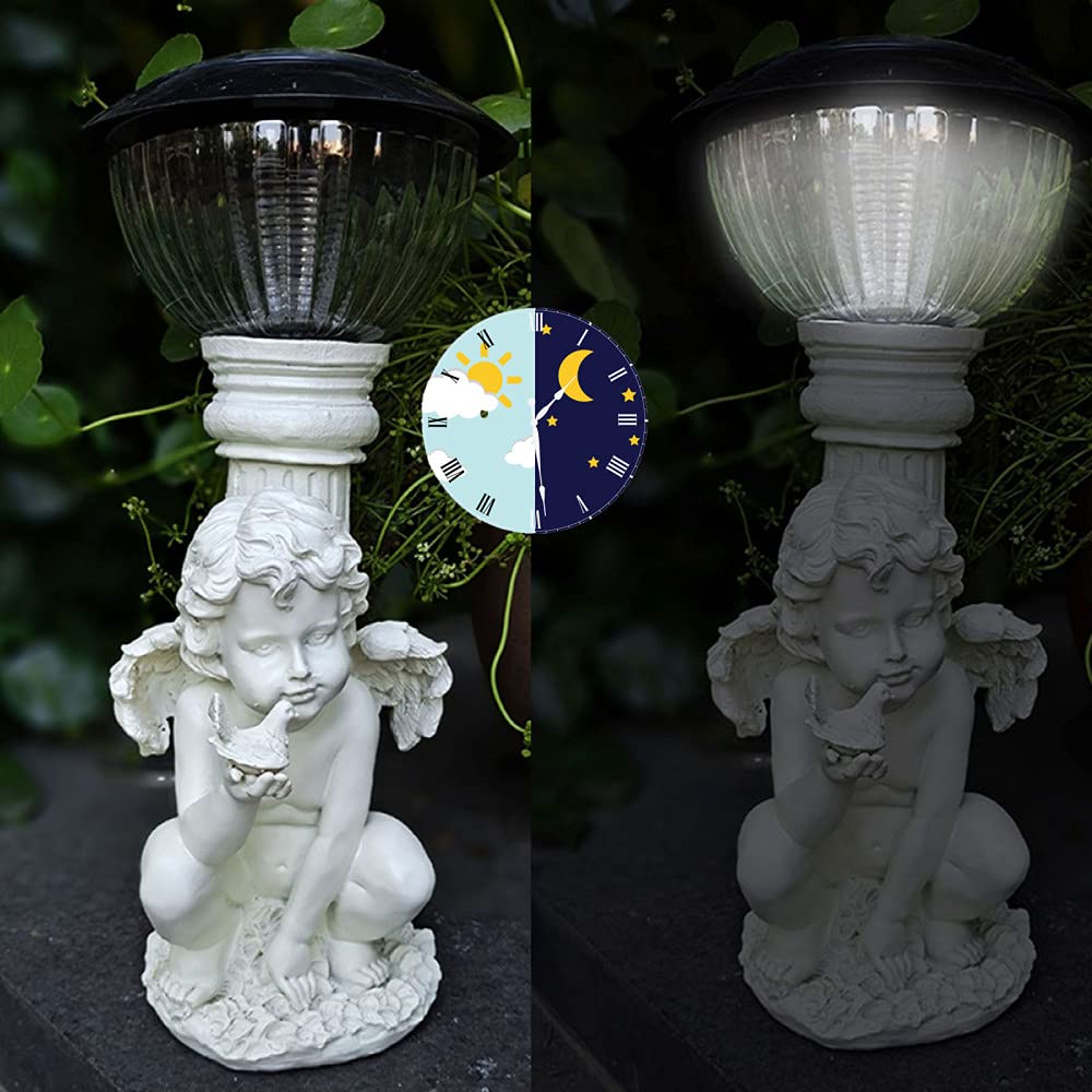 Solar Angel Statue - Outdoor Solar LED Cherub Garden Decor, Antique Resin Angel Figurine for Patio, Yard & Indoor Home Decor - Perfect for Garden Pathways, Terrace Lighting & Holiday Displays