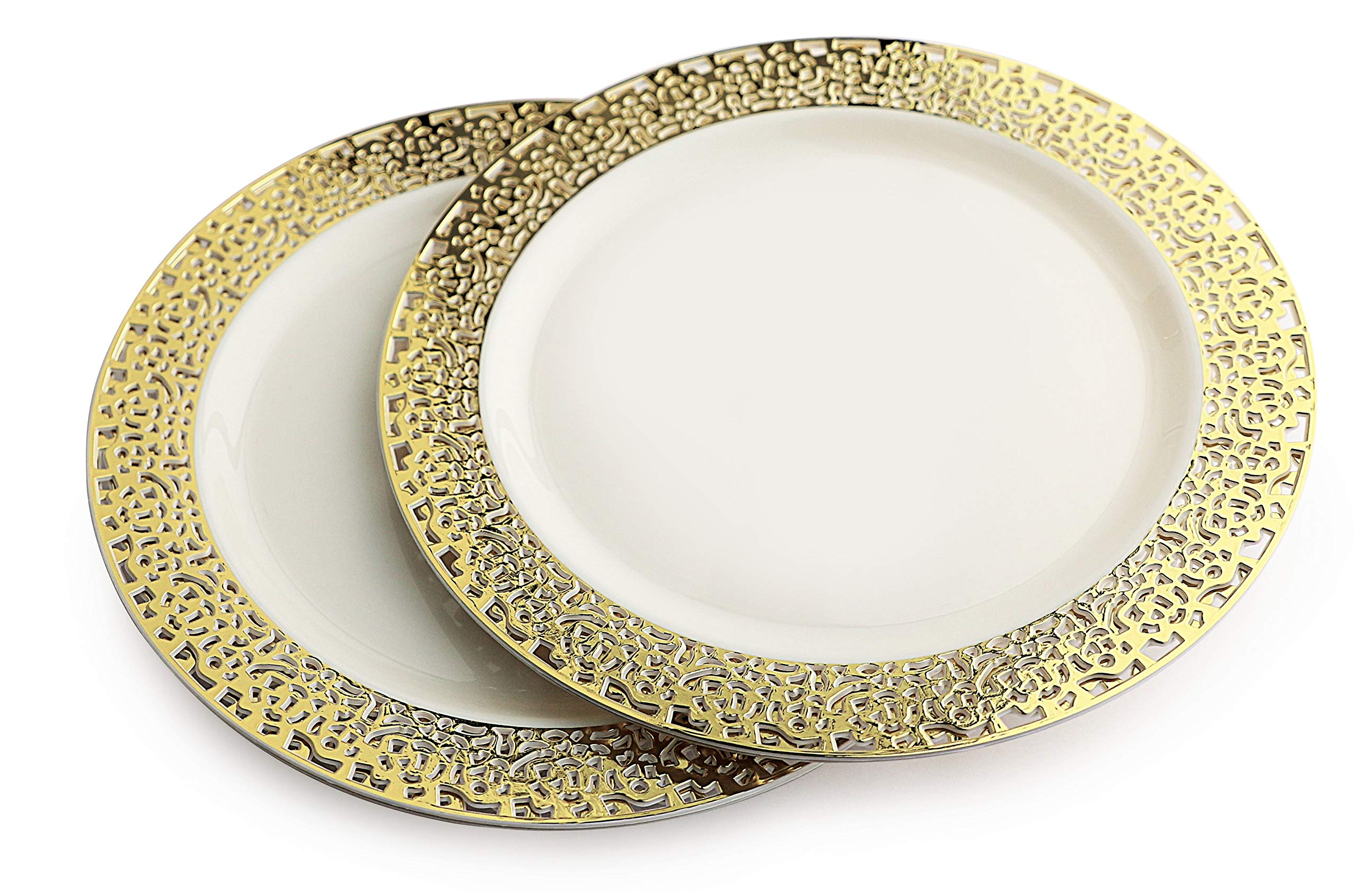 240-Pack Heavyweight Disposable Plastic Plates for Weddings & Parties - 7.5'' Appetizer/Dessert Plates in Elegant Ivory & Gold Florence Design | Perfect for Bridal Showers, Birthday Celebrations & Catering Events