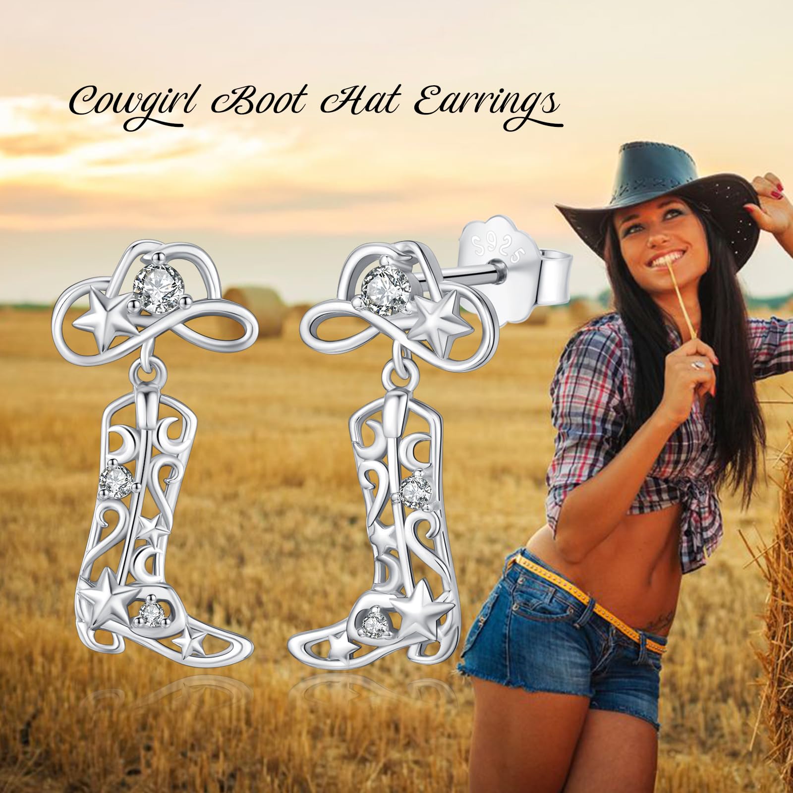 Cowgirl & Heart Earrings for Women - 925 Sterling Silver Dangle Drop Earrings | Hypoallergenic Stud Jewelry | Perfect Gift for Girls, Teens & Cowgirl Lovers | Great for Western Parties, Rodeo Events & Everyday Wear
