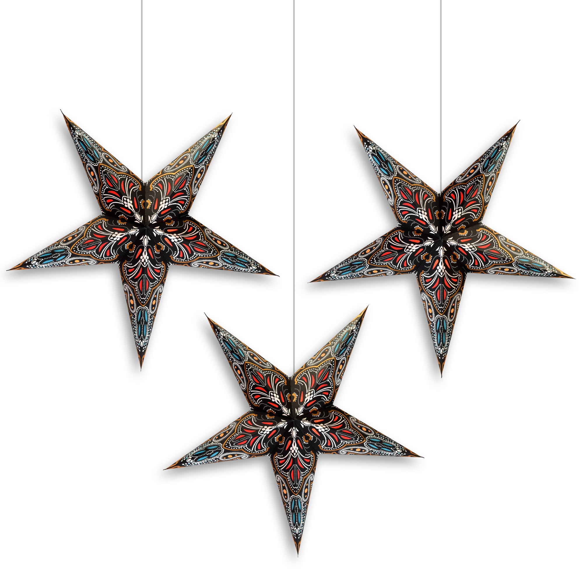 3 Pack 24 Inch Black Aura Glow Glitter Paper Star Lantern with Triple Pendant Light - Perfect for Wedding Decor, Party Lighting, and Home Decoration
