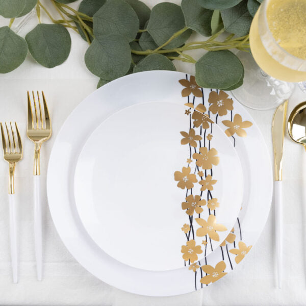 Elegant Black and Gold Round Plastic Plates - 10 Inch Disposable Party Dinnerware for Weddings, Birthdays, and Special Events - Durable and Stylish for Indoor/Outdoor Use