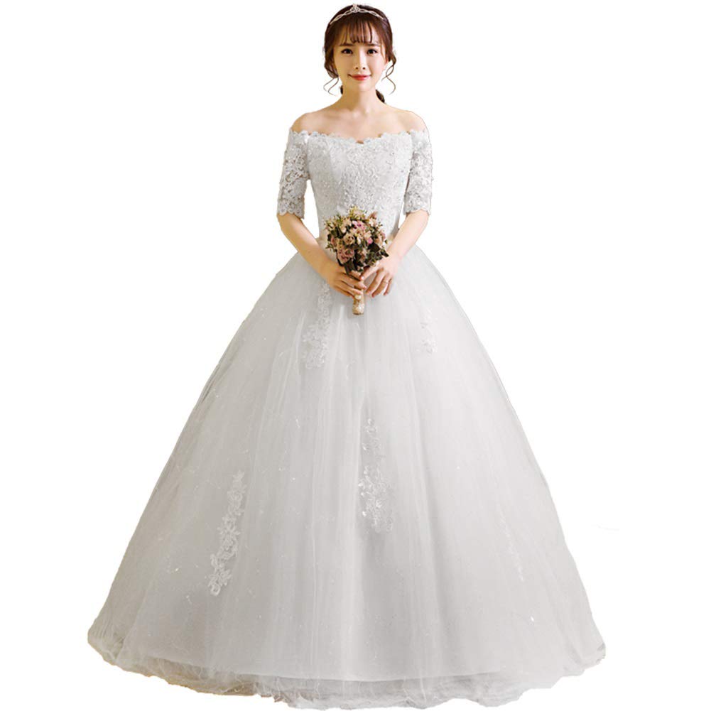 Elegant Off-Shoulder Lace Applique Beaded Wedding Dress with Half Sleeves - White Bridal Gown Size US16 for Romantic Ceremonies & Beach Weddings