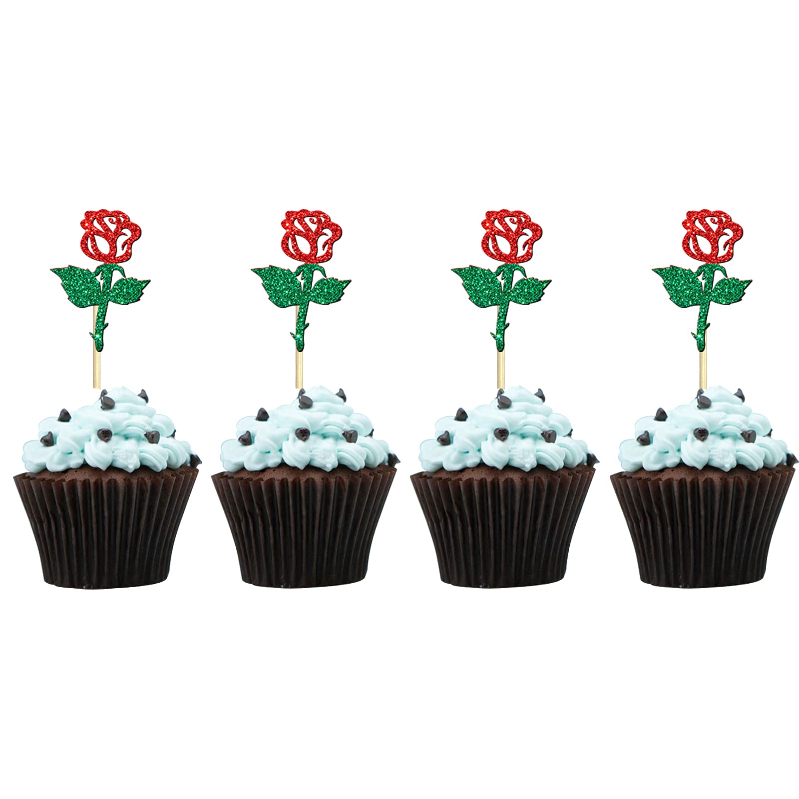 24-Piece Glitter Rose Flower Cupcake Toppers - Gender Reveal, Baby Shower, Wedding & Party Decorations (Red & Green) | Floral Cake Picks for Birthday, Bridal Shower & Tea Party Themes | Perfect for DIY Desserts & Celebration Decor