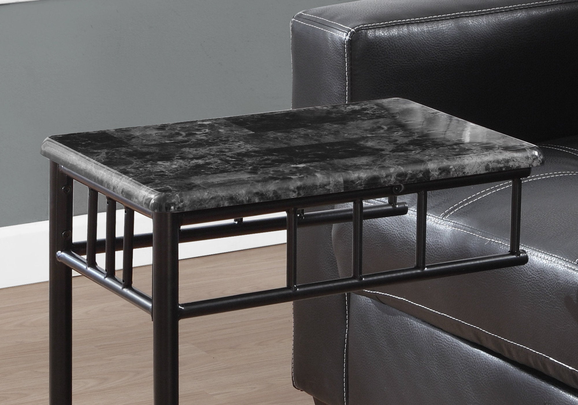 Modern Grey Marble Accent Table with Charcoal Metal Base - Stylish Side Table for Living Room, Bedroom, or Office Decor