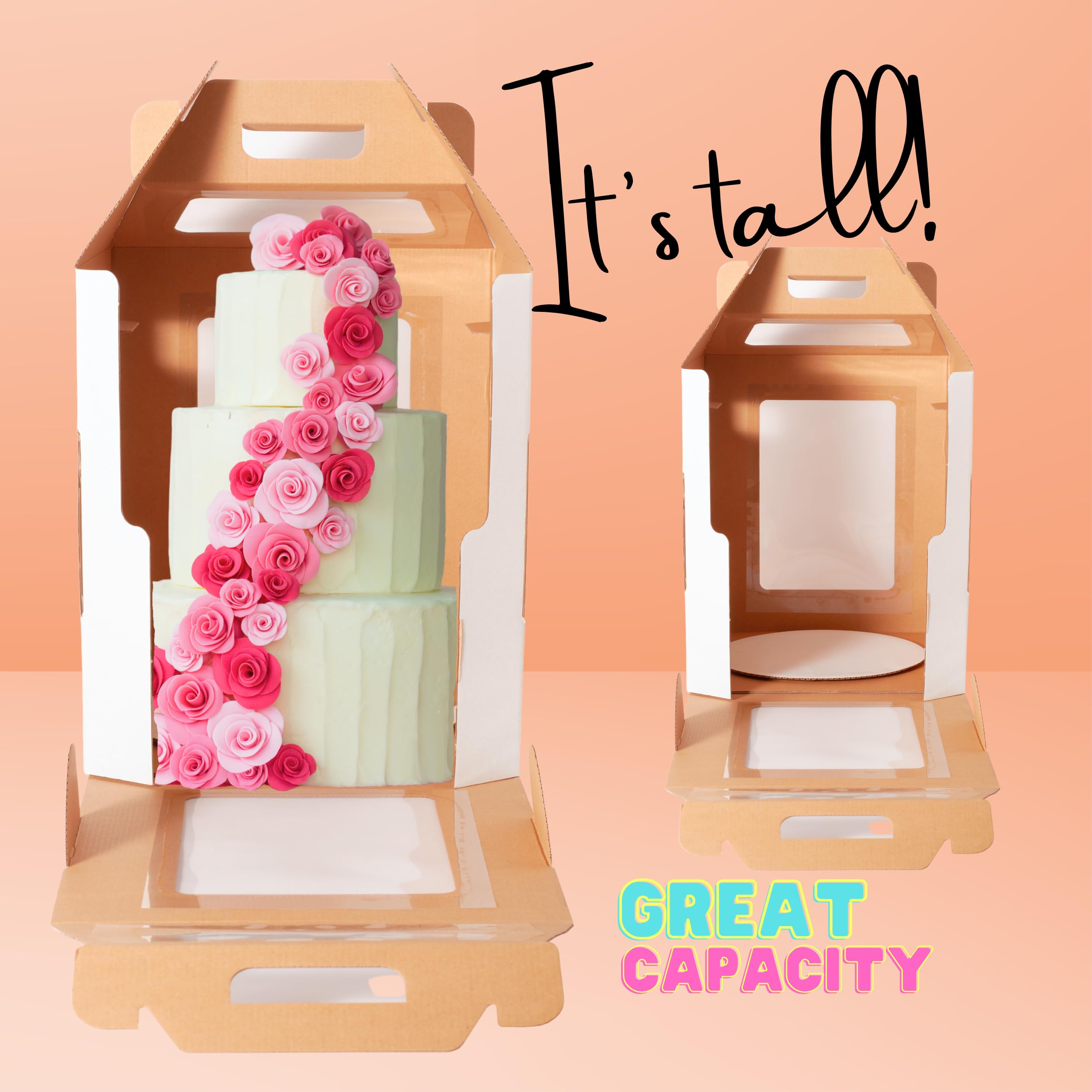 BOOMBE 12x12x14 Inch Tall Cake Boxes with Lids & Handles - 6 Pack White Bakery Boxes with Window for Layer Cakes - Perfect for Wedding Cakes, Birthday Cakes & Professional Baking Display