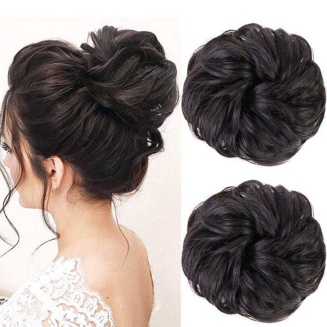 Vinzar Synthetic Hair Bun - Curly Wavy Hair Extensions Ponytail with Elastic Scrunchie | Half Updo Hairpieces & Wig Scrunchies for Women (Black Brown) | Perfect for Parties, Weddings & Daily Styling