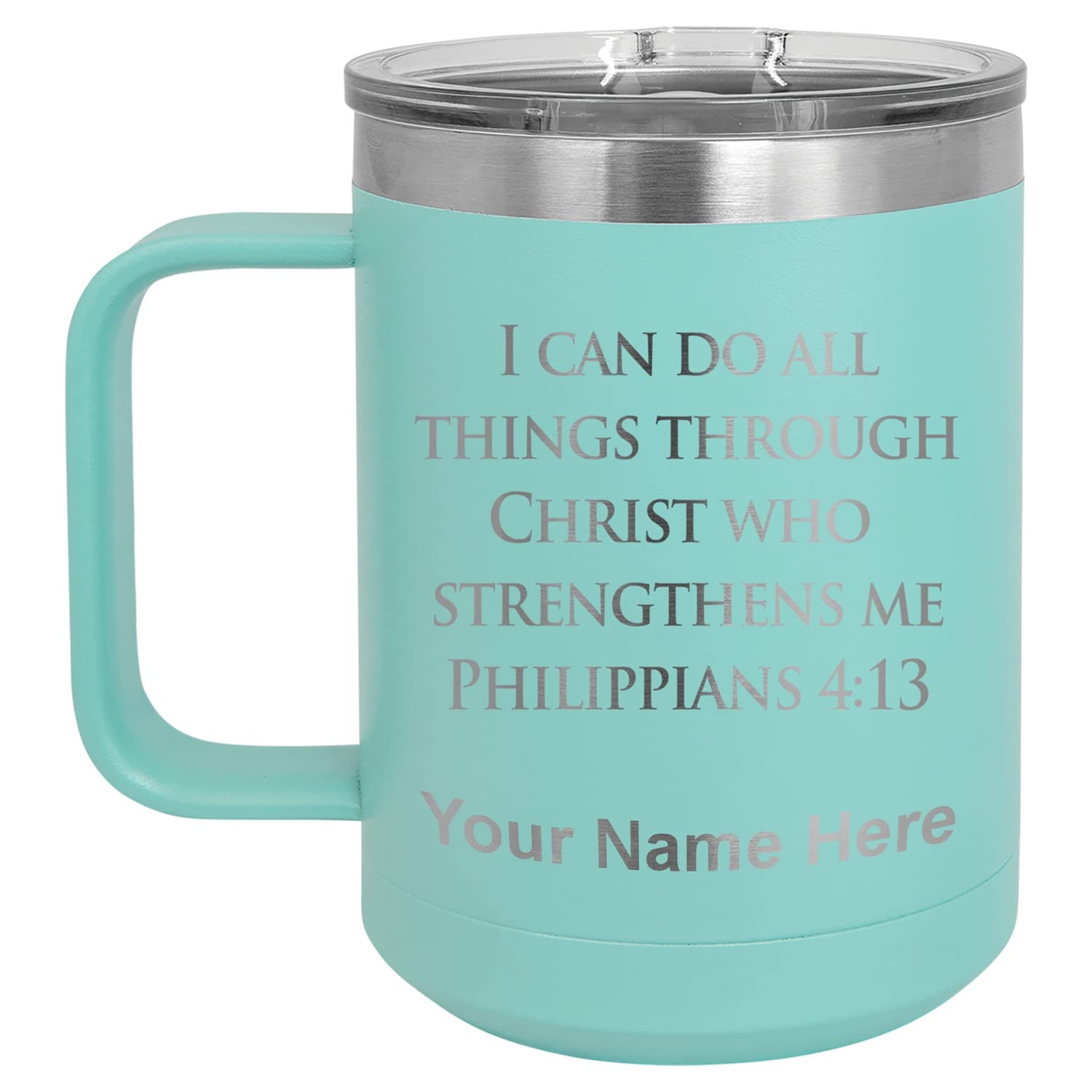 LaserGram 15oz Vacuum Insulated Stainless Steel Coffee Tumbler with Bible Verse Philippians 4:13 - Custom Engraved Christian Travel Mug for Hot & Cold Drinks, Perfect for Church, Work Commute & Outdoor Activities (Teal)