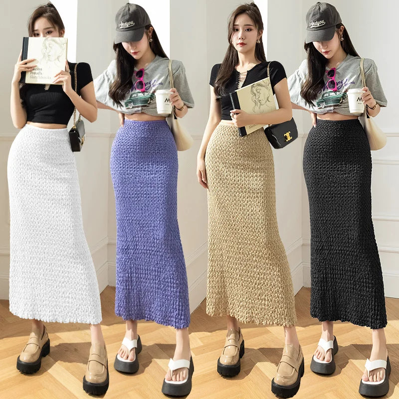 Elegant Slim Pencil Midi Long Skirt for Women - Vintage High Waist Solid Fold Skirt - 2023 Spring Summer Streetwear Fashion (P452) | Perfect for Office, Date Night & Casual Outings