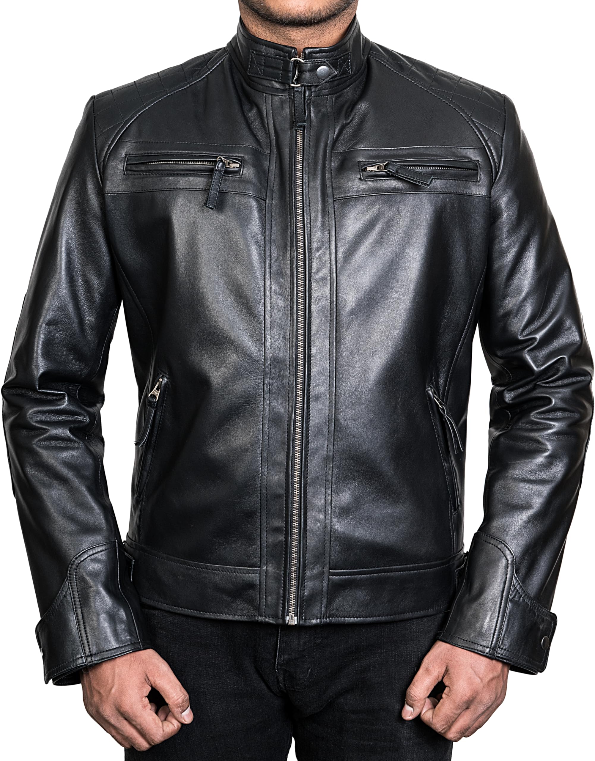 Shazmeen Men's Vintage Cafe Racer Motorcycle Jacket - Genuine Lambskin Leather Biker Jacket for Men | Perfect for Riding, Casual Wear & Outdoor Adventures