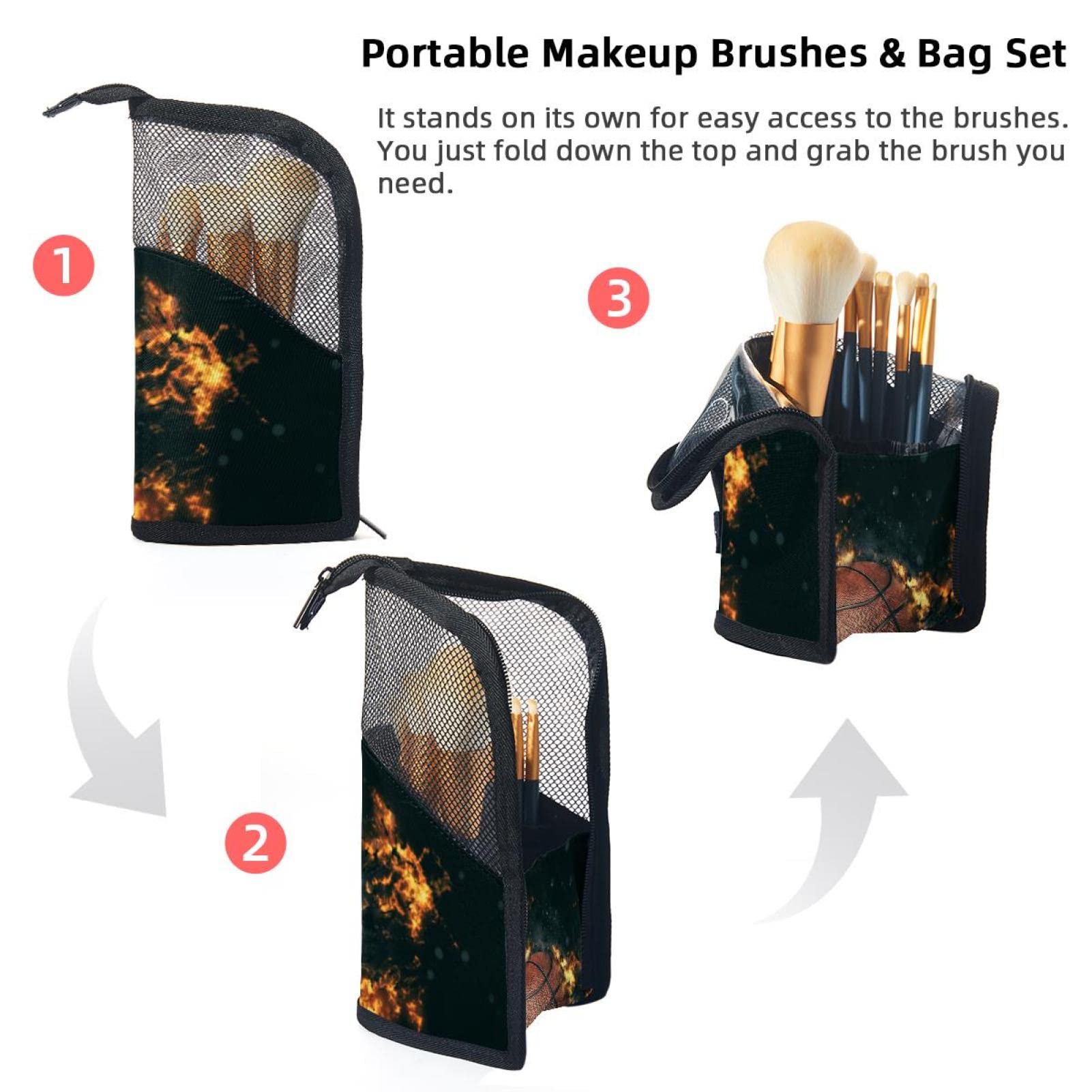 Premium Makeup Brush Organizer Bag with 12 Brushes - Flame & Retro Basketball Design - Portable Cosmetic Brush Holder Case for Travel, Home Vanity, and Professional Makeup Artists