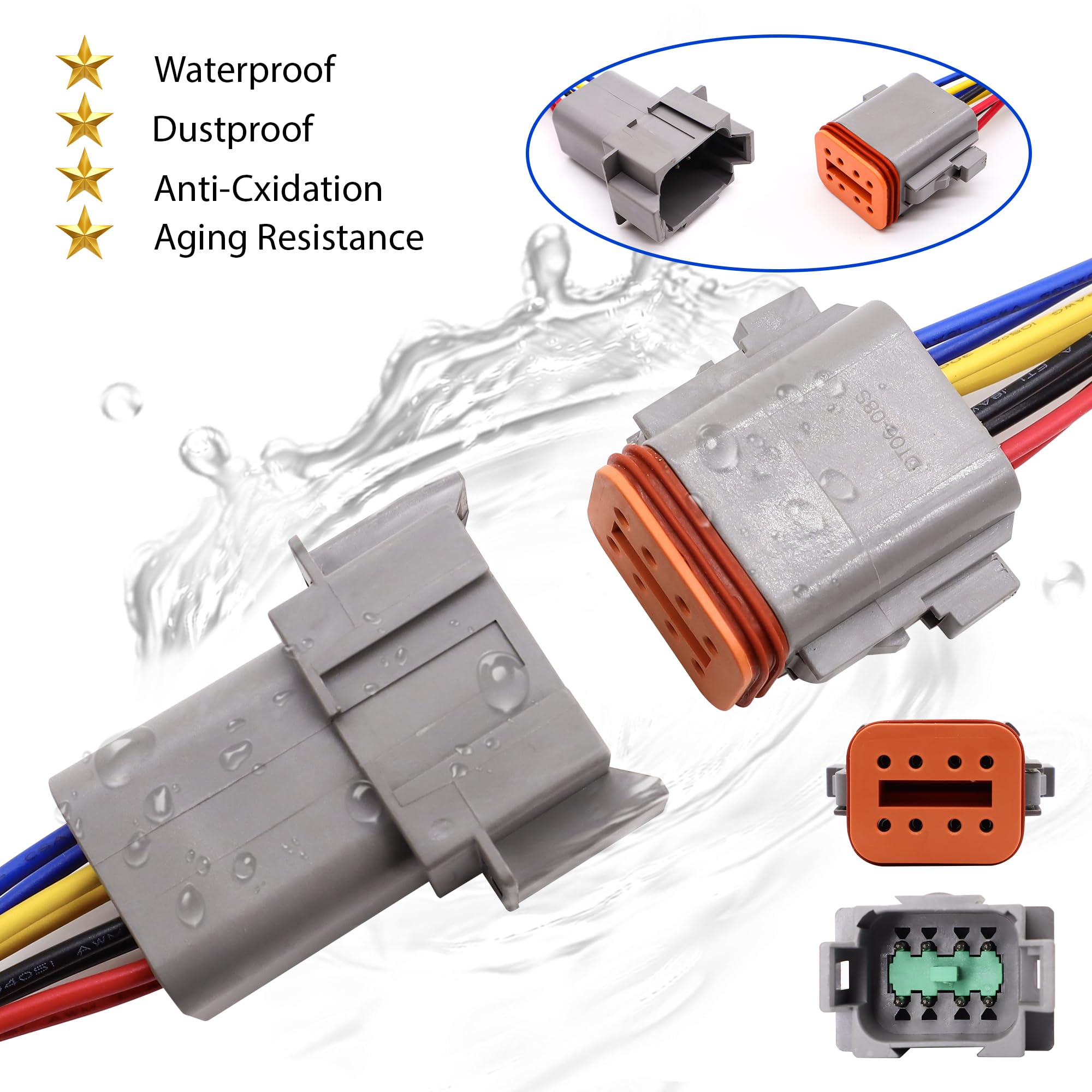 HiSport 8 Pin DT Connectors Waterproof Kit - Male & Female Wire Connectors for Car, Truck, Boat - Durable Electrical Connection for Automotive, Marine & Off-Road Vehicles - 1 Set