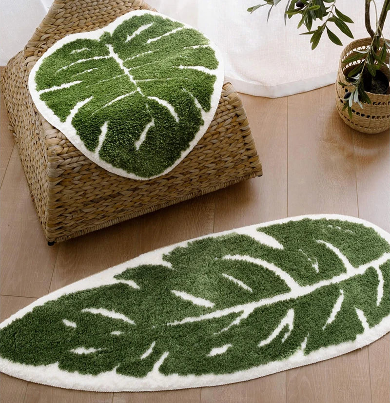 Non-Slip Monstera Leaf White Bath Mat - Soft Absorbent Bathroom Rug for Shower, Tub & Vanity - Modern Home Decor for Bathrooms