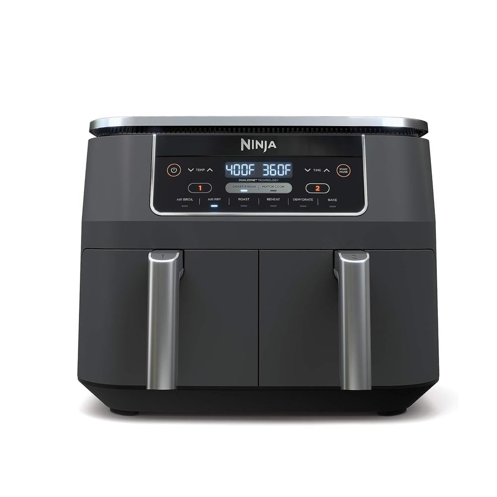 Ninja DZ201 Foodi 8 Quart 6-in-1 DualZone Air Fryer with 2 Independent Baskets - Smart Finish, Match Cook, Roast, Broil & Dehydrate - Perfect for Family Dinners, Meal Prep & Healthy Cooking - Grey