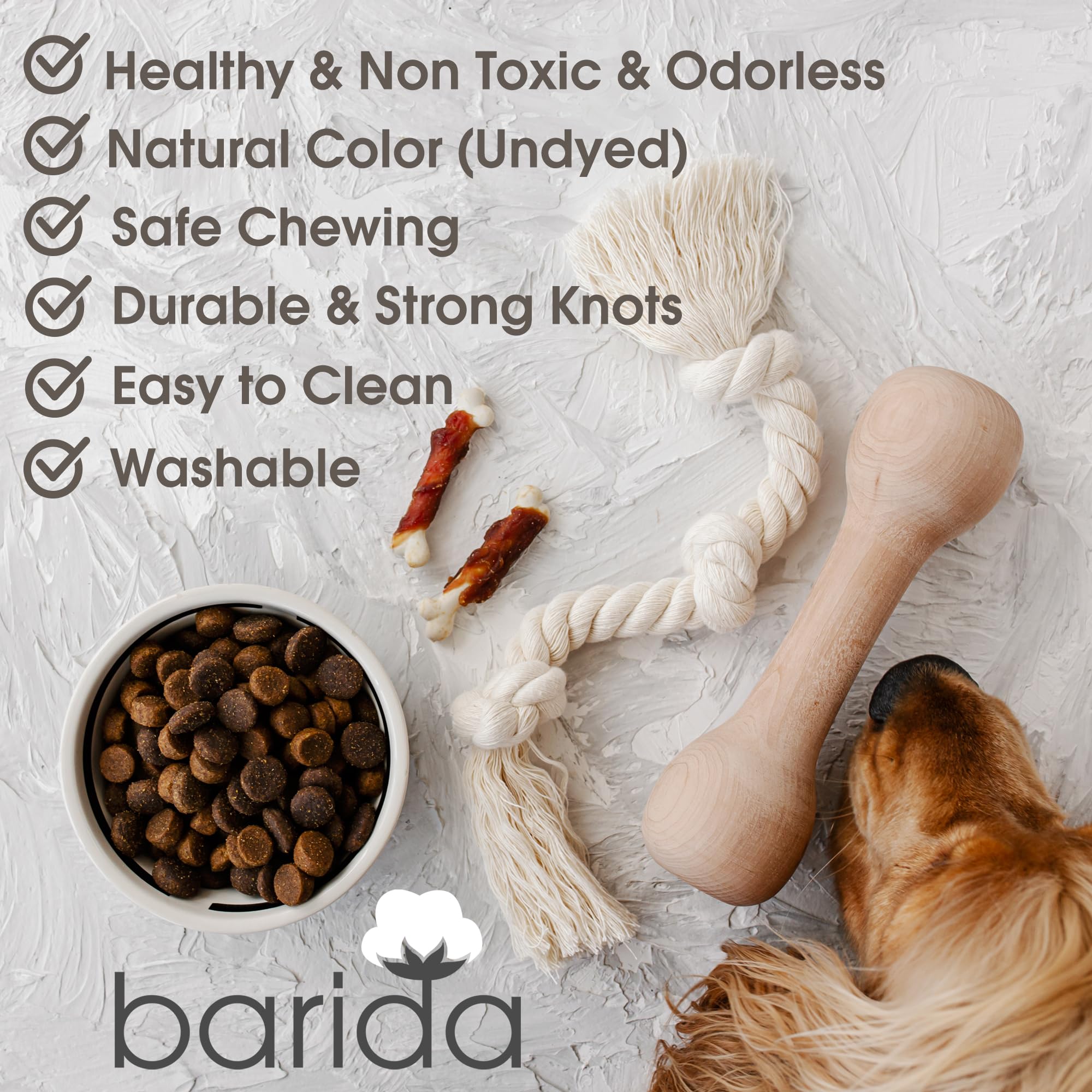 Barida Natural White Cotton Durable Dog Rope Chew Toy - Non-Toxic Premium Interactive Rope Toy for Medium & Large Dogs | Tug of War, Teething Relief, Training & Playtime Fun