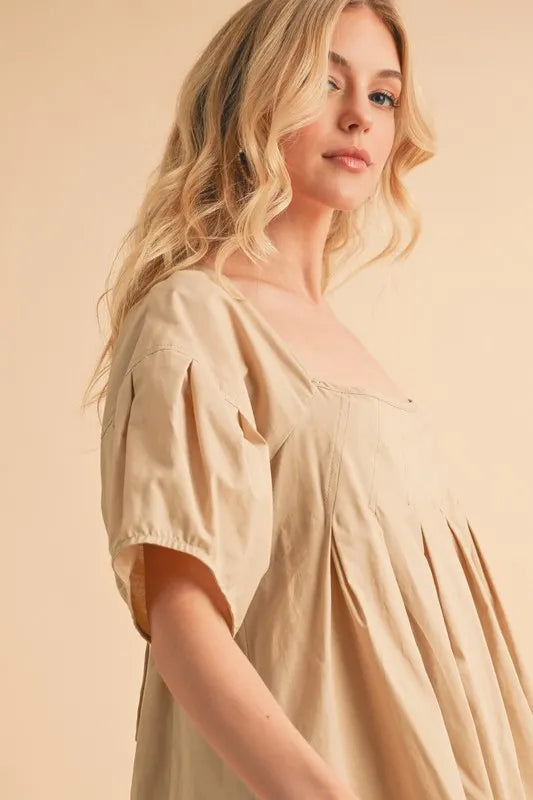 Beige Babydoll Dress with Pockets - Flowy Short Sleeve Loose Fit Mini Dress for Women | Perfect for Summer, Beach, Date Night & Casual Outings