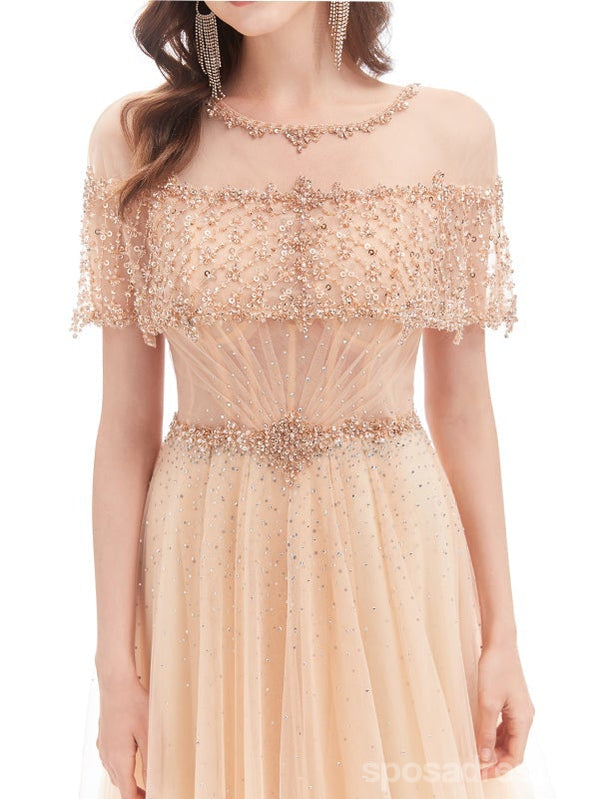 Elegant Champagne A-Line Short Sleeve Long Prom Dress for Women - Perfect for Homecoming, Formal Dances & Special Occasions | Style 12773