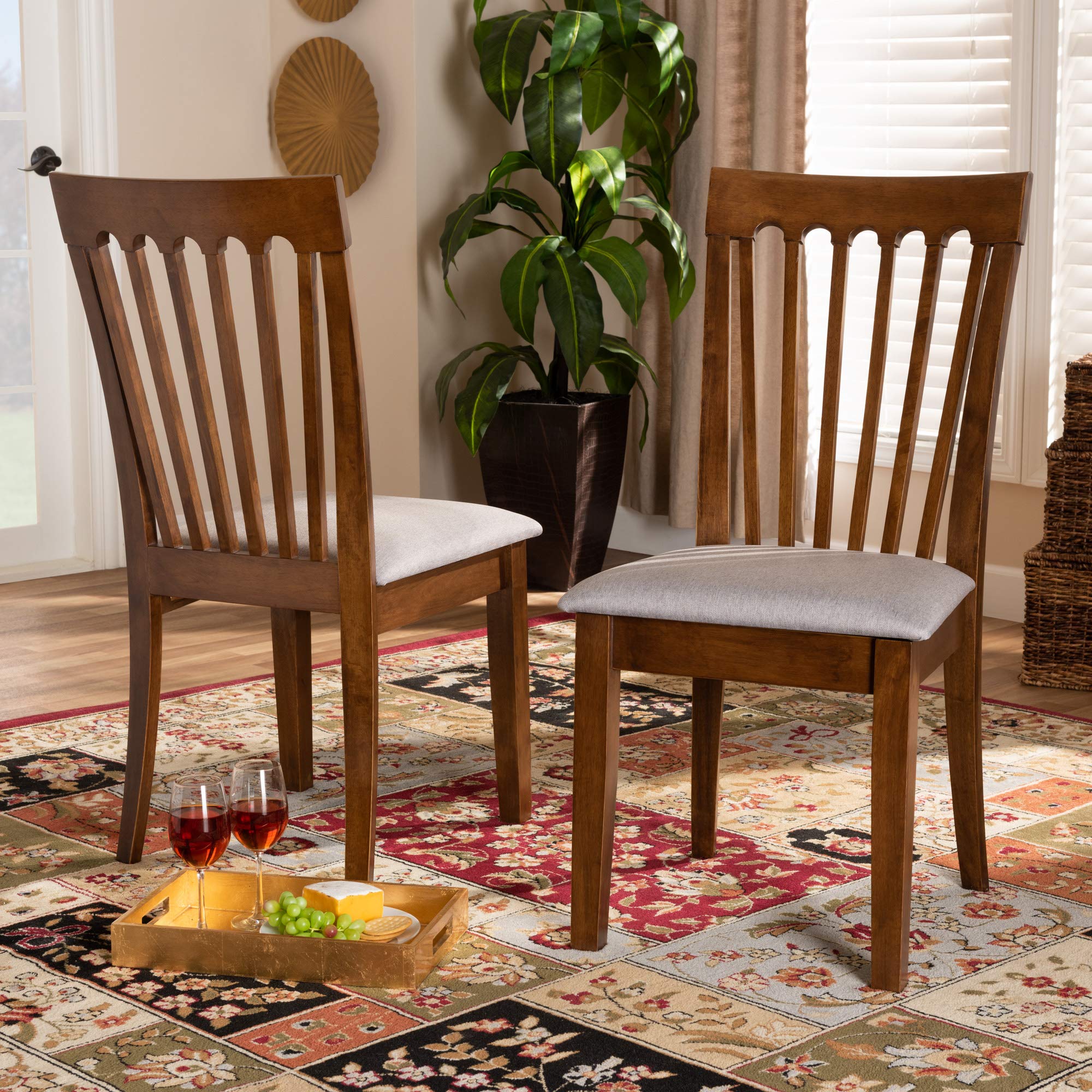 Baxton Studio Minette 2-Piece Dining Chair Set - Grey Fabric Upholstered with Walnut Brown Wood Finish - Modern Kitchen & Dining Room Furniture for Home Decor