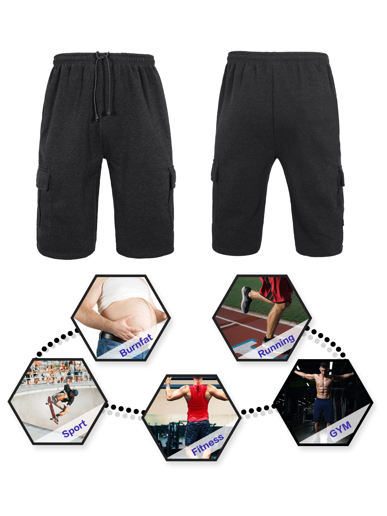 **Men's Fleece Cargo Sweat Shorts - Below The Knee, Elastic Waist, Workout & Jogger Shorts with Pockets - Perfect for Gym, Running, and Casual Wear**