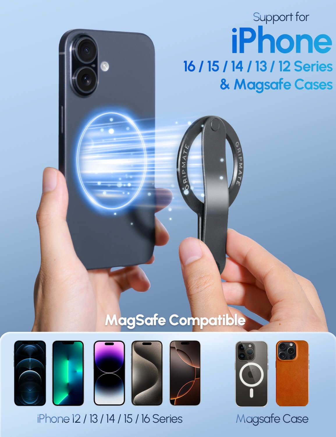 Magnetic Phone Grip for iPhone 16/15/14/13/12 - Detachable Ring Holder for Comfortable Use at Home & Travel