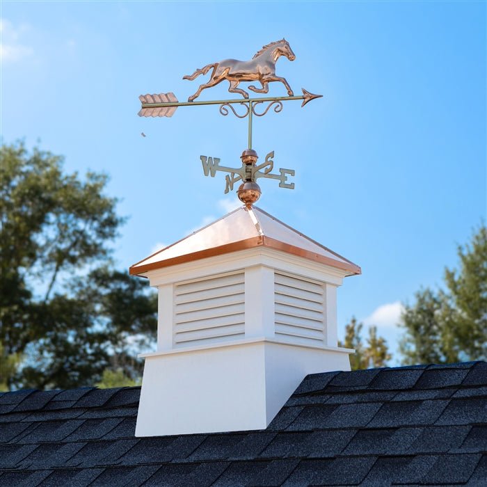 26 Square Manchester Vinyl Cupola with Horse Weathervane - Decorative Roof Top Accent for Barn, Shed, or Gazebo - Weather Resistant Outdoor Home & Garden Decor