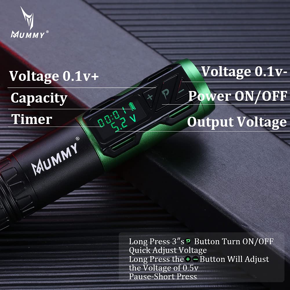Professional Rotary Tattoo Pen Machine - 1800mAh Coreless Motor, Digital LED Display, Mummy Cartridge Compatible (Green) | Ideal for Tattoo Artists, Beginners & Professional Tattoo Supplies