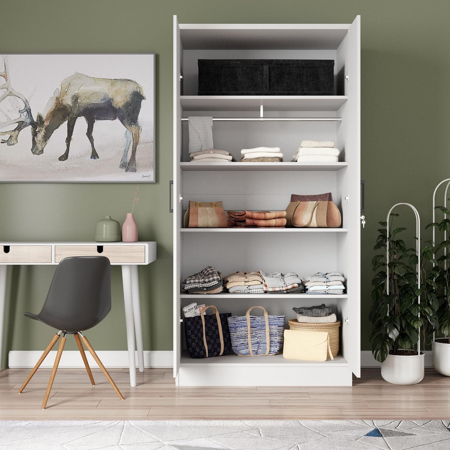 Woodpeckers White 2-Door Wardrobe with Mirrored Doors - Modern Bedroom Furniture for Closet Organization & Storage