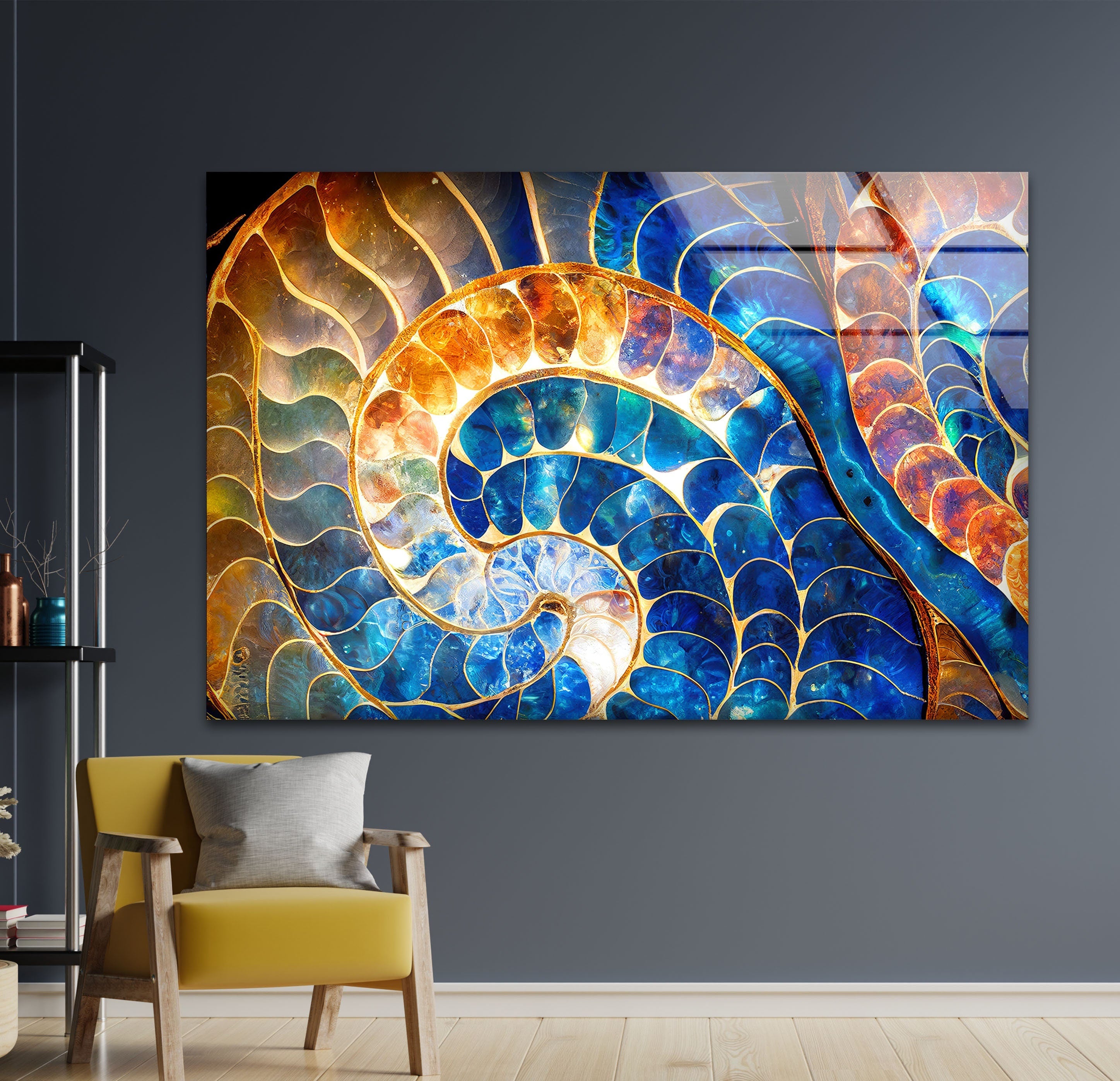 Blue & Orange Shell Glass Wall Art - Handmade Coastal Decor for Living Room, Bedroom, or Beach House - Perfect for Boho, Nautical & Seaside Home Decor