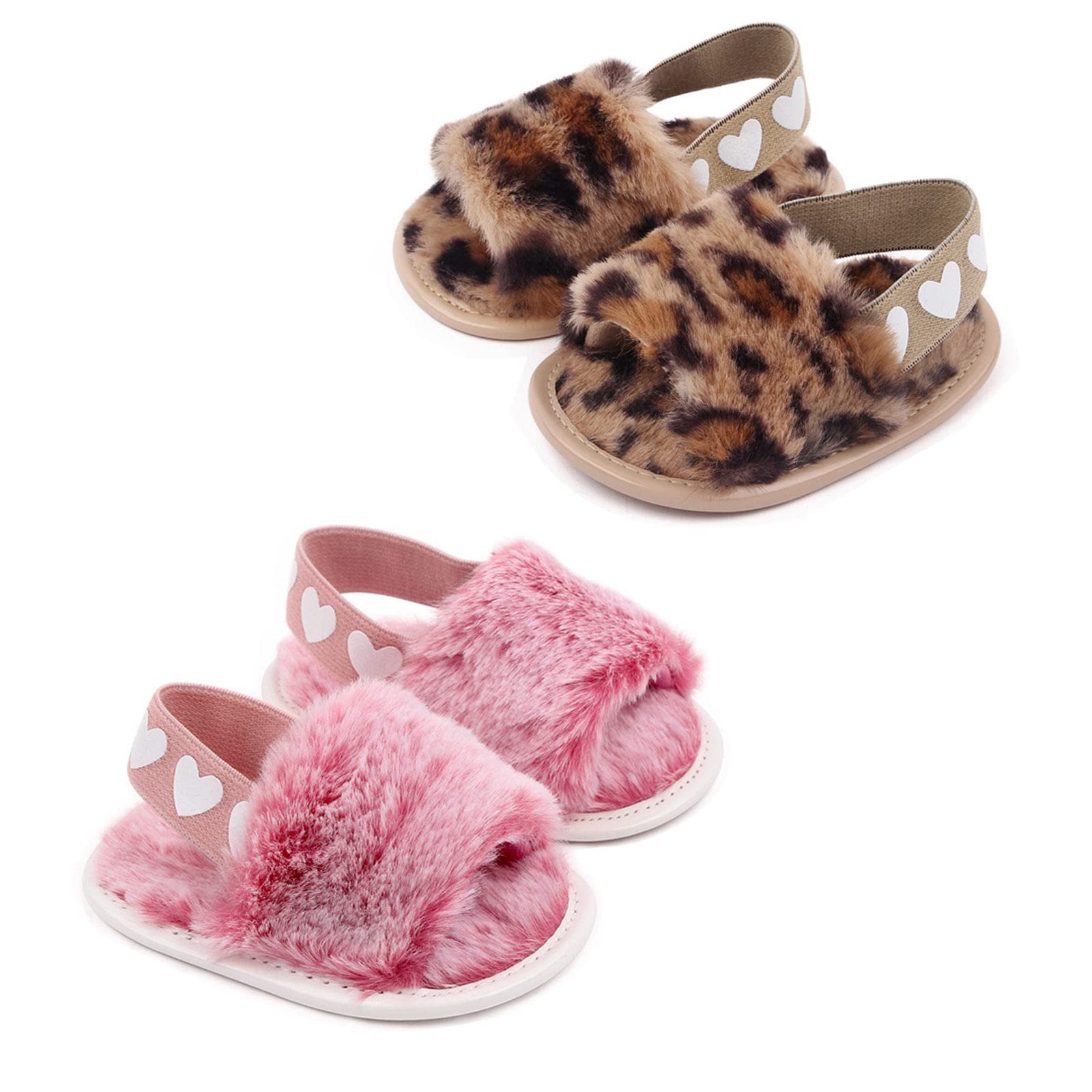 2 Pack Baby Girls Sandals - Soft Elastic Back Strap Toddler Slippers with Faux Fur | First Walker Shoes for Infants | Non-Slip House Shoes & Princess Style Outdoor Play