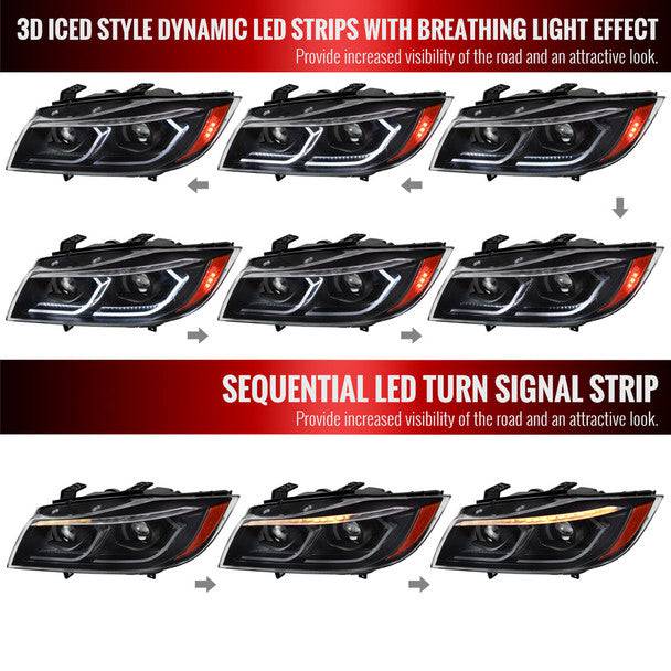 Spec D Tuning LED Headlights for 2006-2011 BMW E90 3 Series Sedan - 3D Iced Dual Projector Headlamps with Matte Black Housing & Clear Lens - Upgrade for Night Driving & Custom Styling
