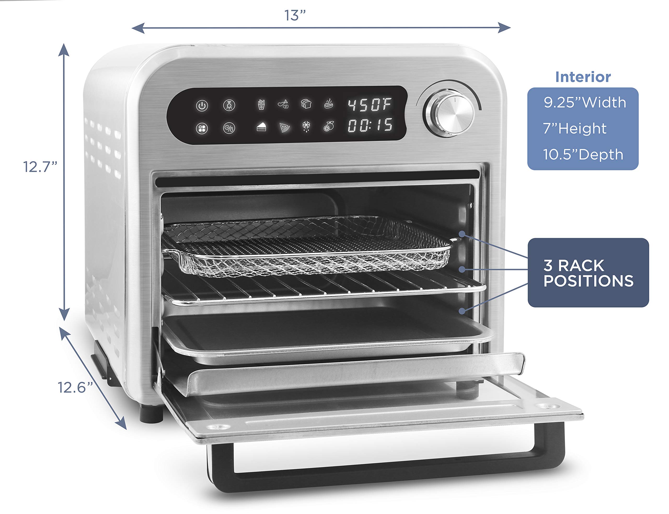 Elite Gourmet EAF1010D 10L Digital Air Fryer Toaster Oven Combo - 8 Preset Functions, 1500W Convection Oven with Bake, Toast, Broil & Air Fry Modes, Adjustable Timer & Temperature - Perfect for Family Cooking, Meal Prep & Healthy Air Frying - Includes Recipe Book (Stainless Steel)