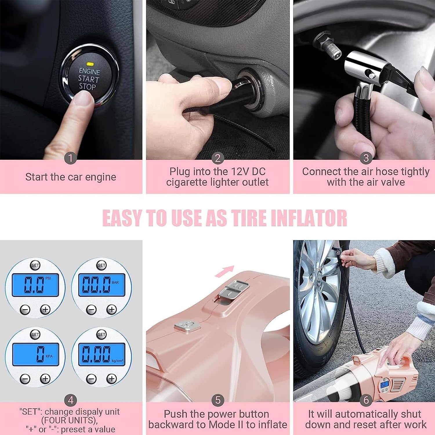 VARSK 4-in-1 High Power Car Vacuum Cleaner & Tire Inflator - 12V DC Portable Handheld Vacuum with Digital LCD Pressure Gauge, 15FT Cord & LED Light - Perfect Gift for Women, Girls & Moms (Pink) - Ideal for Car Cleaning, Home Use & Emergency Tire Inflation
